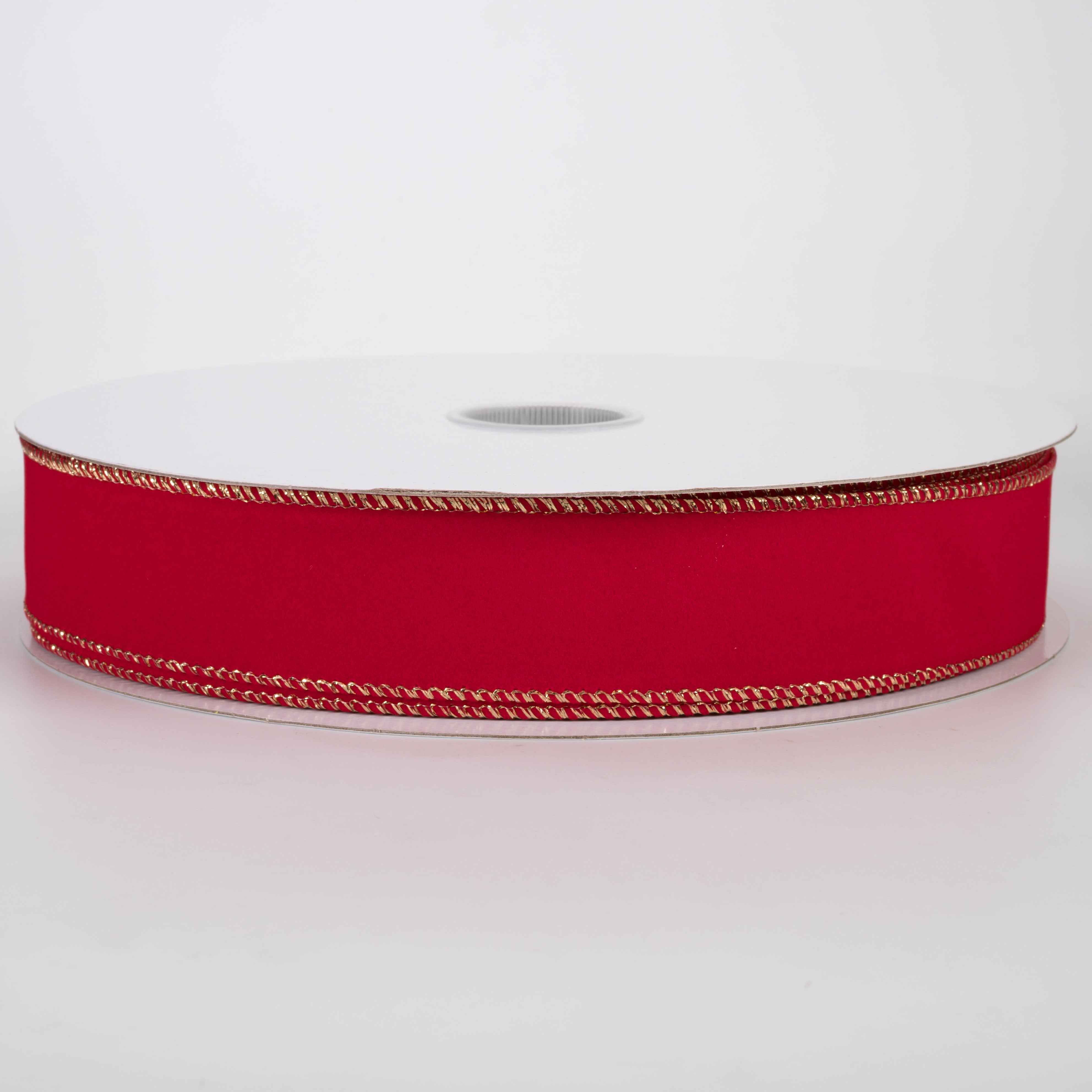 1.5" Stitched Edge Velvet Ribbon: Holiday Red with Gold (50 Yards)