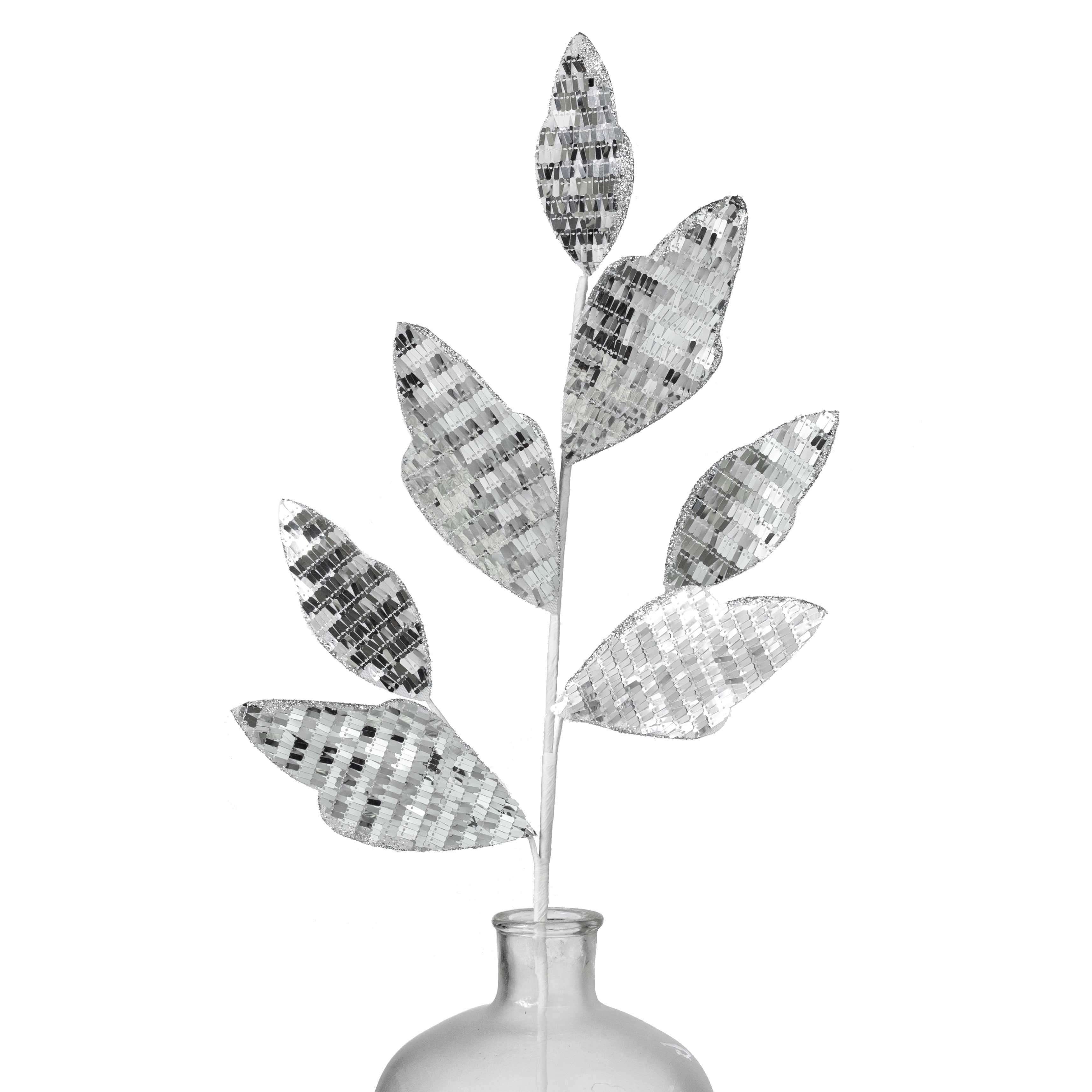 29" Sequin Fabric Leaf Spray: Silver