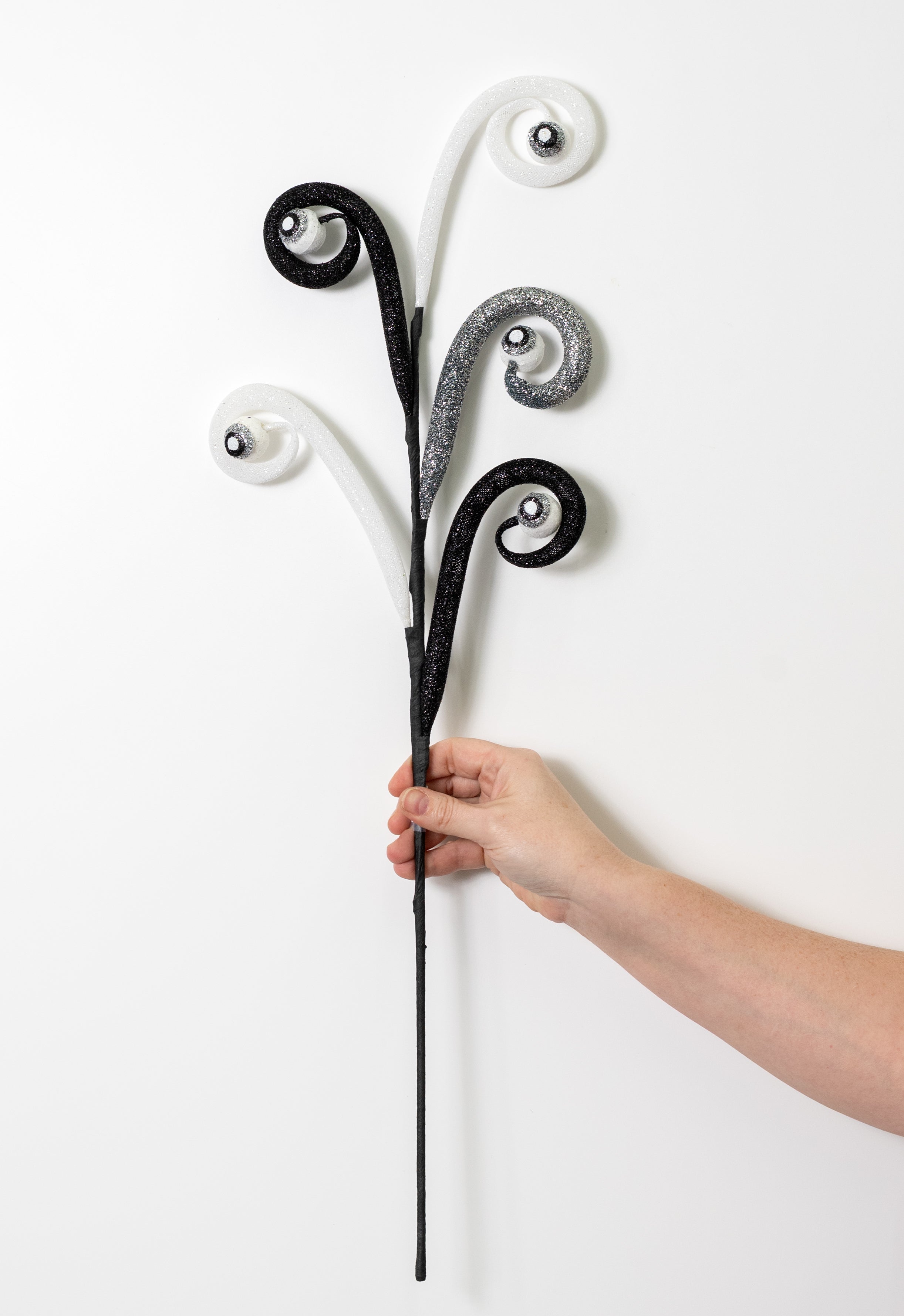 27" Eyeballs Spiral Curly Spray: Black, White & Grey