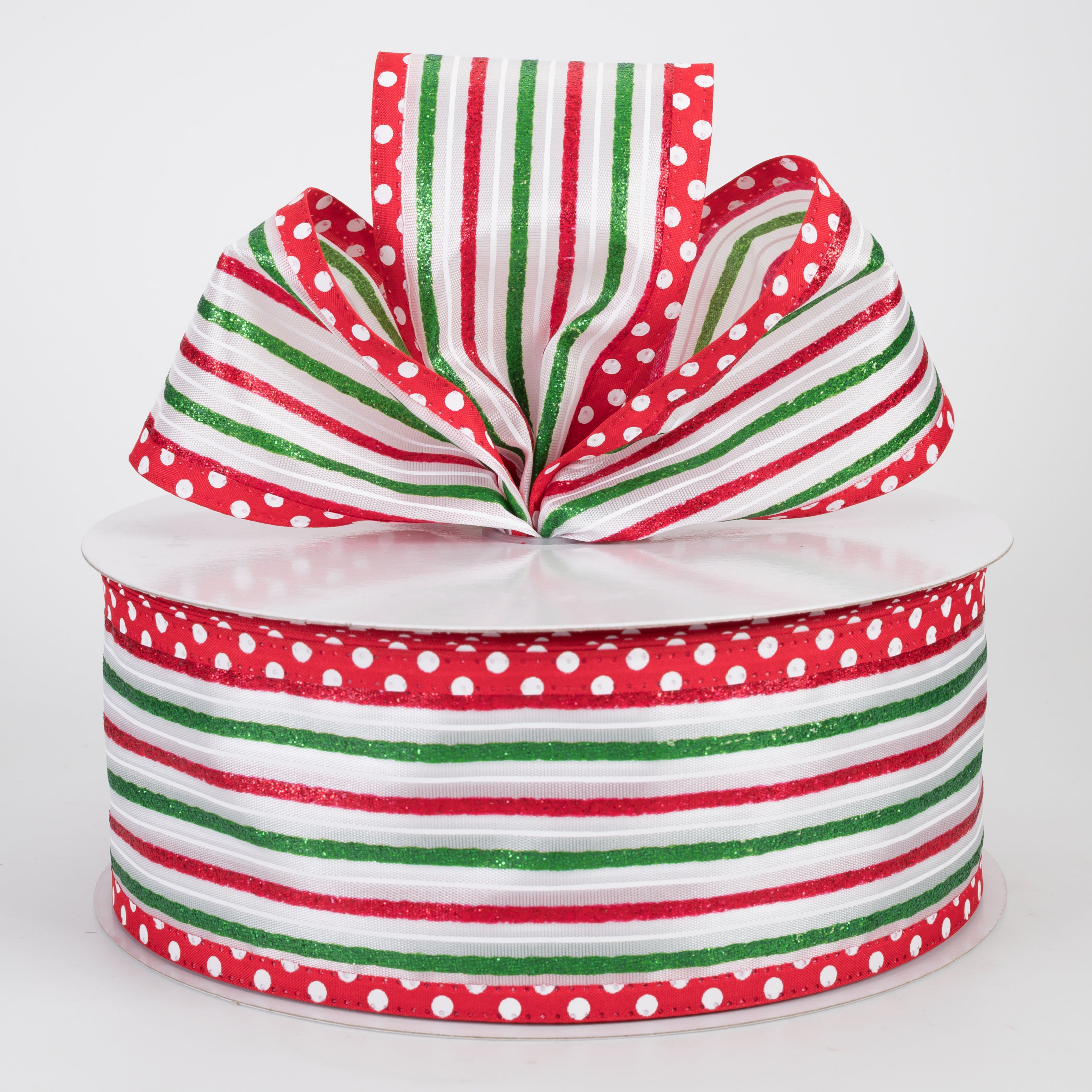2.5" Satin Glitter Stripes Polka Dot Edge Ribbon: Red, White, Green (50 Yards)