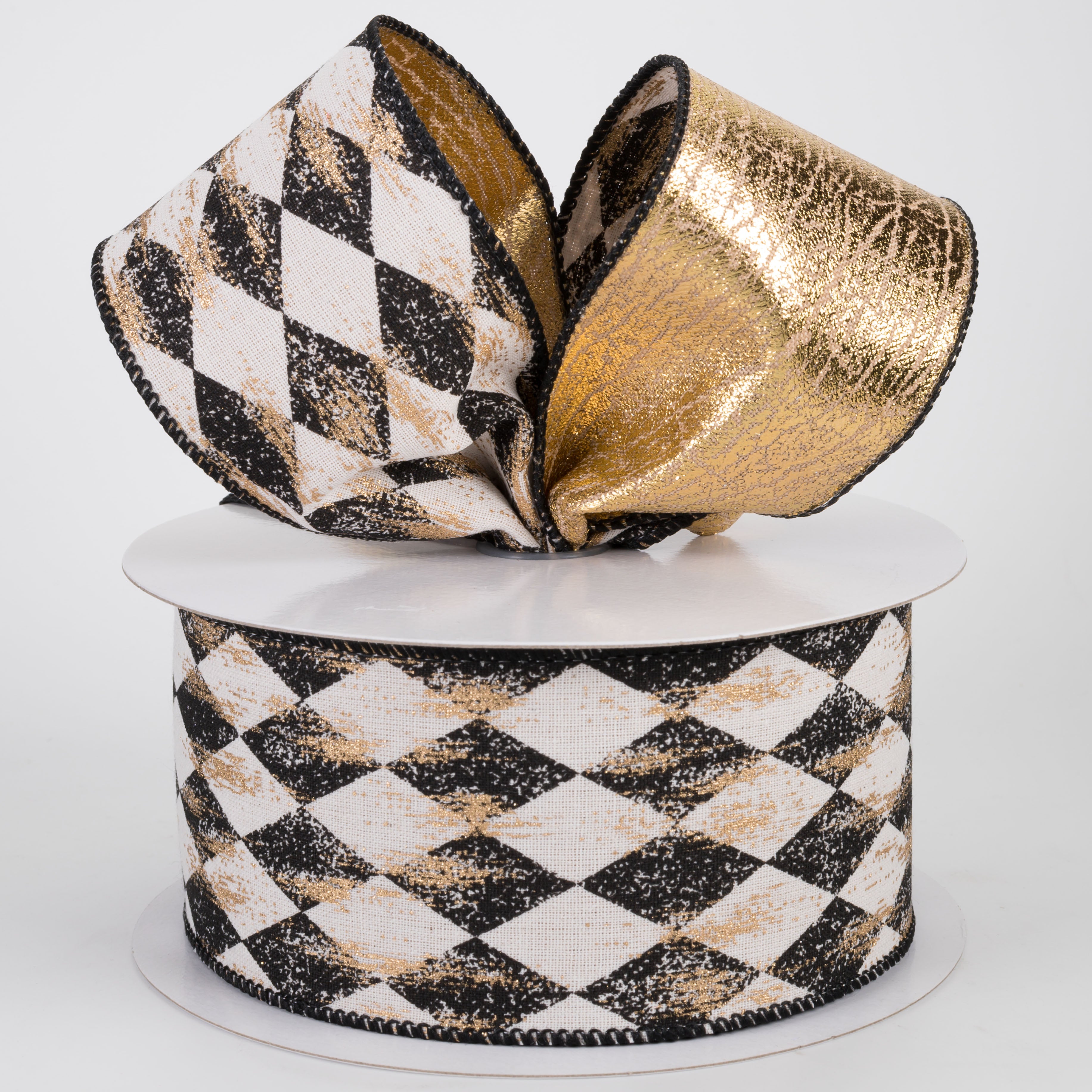 2.5" Double Sided Canvas Harlequin Gold Painted Ribbon: Cream & Black (10 Yards)