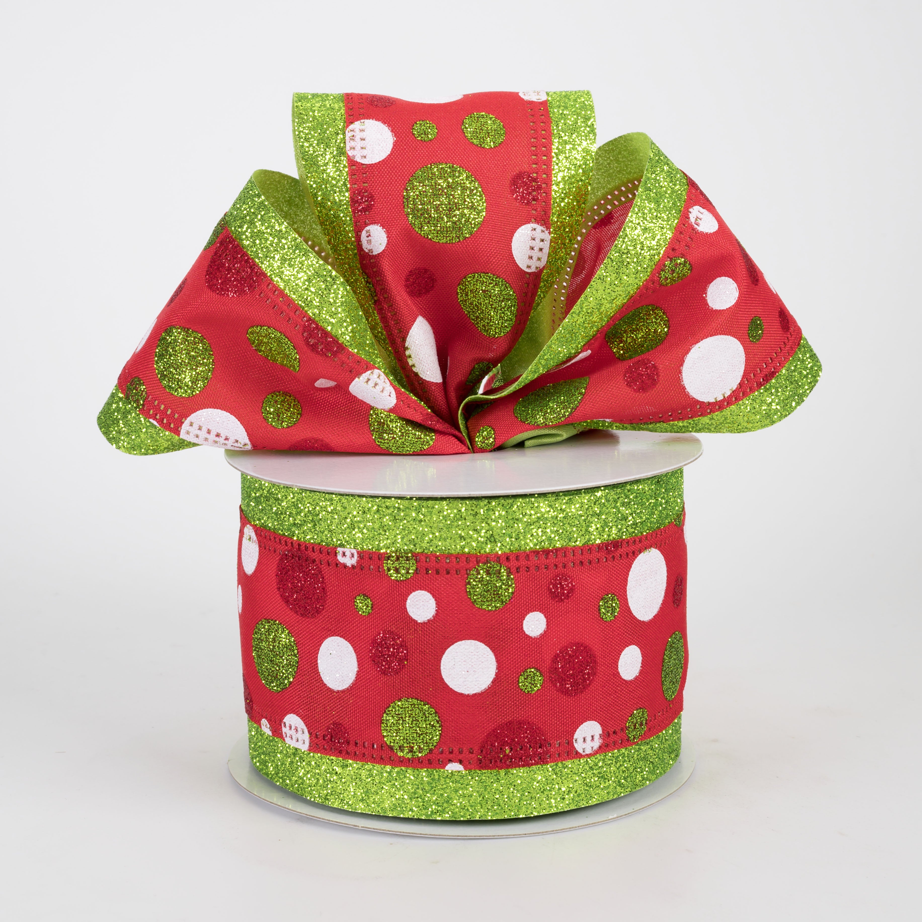 2.5" Varied Polka Dots Glitter Edge Ribbon: White, Lime, Red (10 Yards)