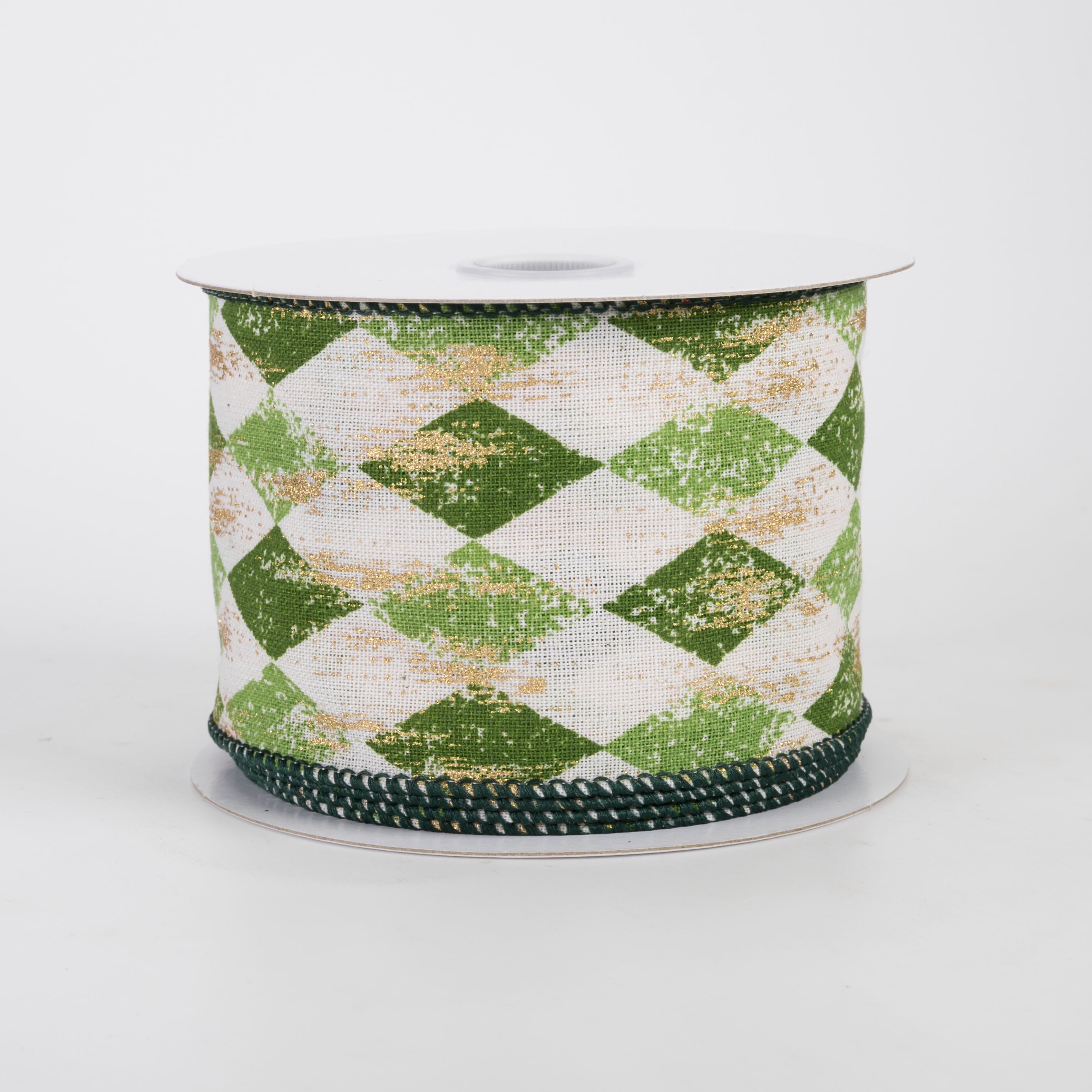 2.5" Canvas Harlequin Gold Painted Ribbon: Cream, Moss & Kiwi (10 Yards)