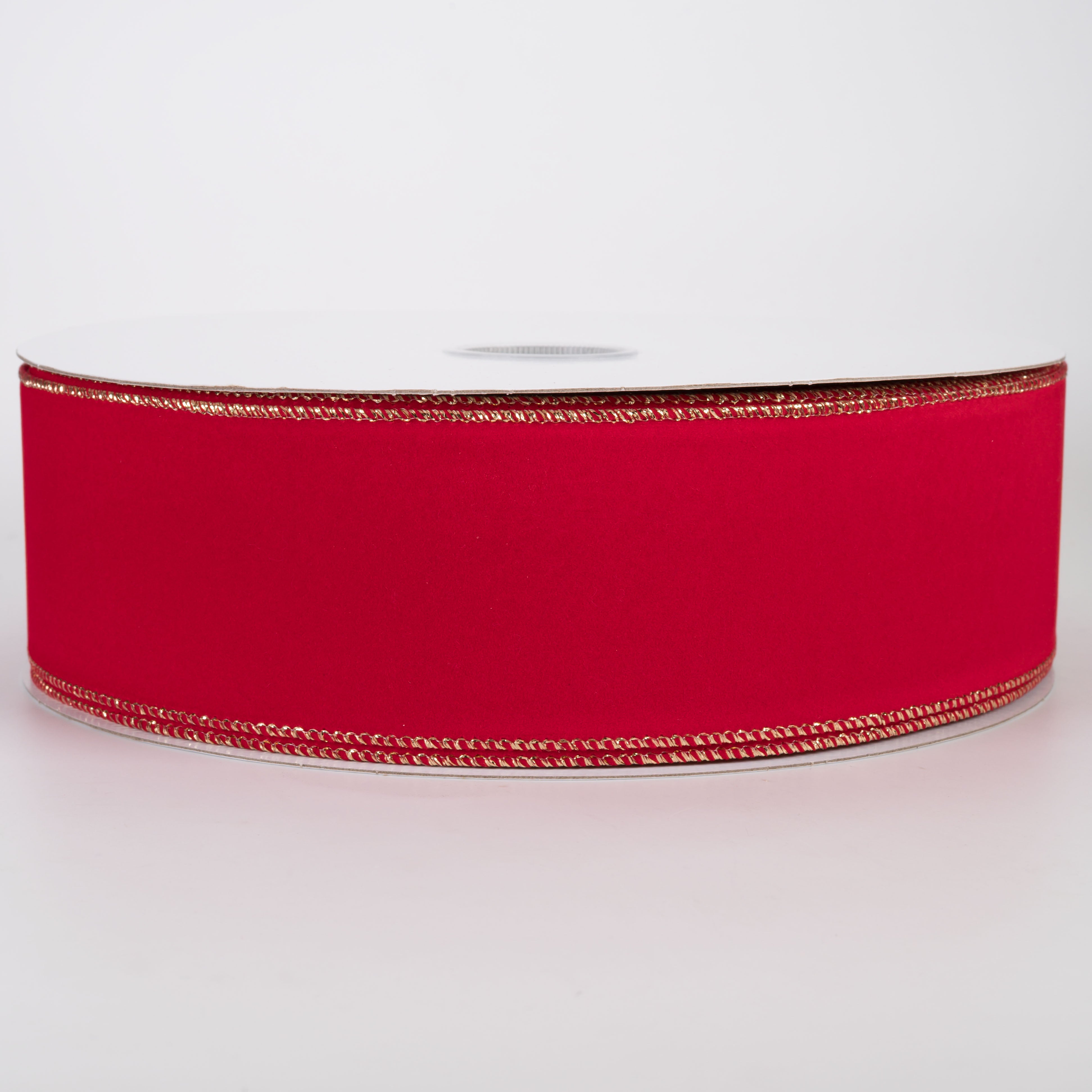 2.5" Stitched Edge Velvet Ribbon: Holiday Red with Gold (50 Yards)