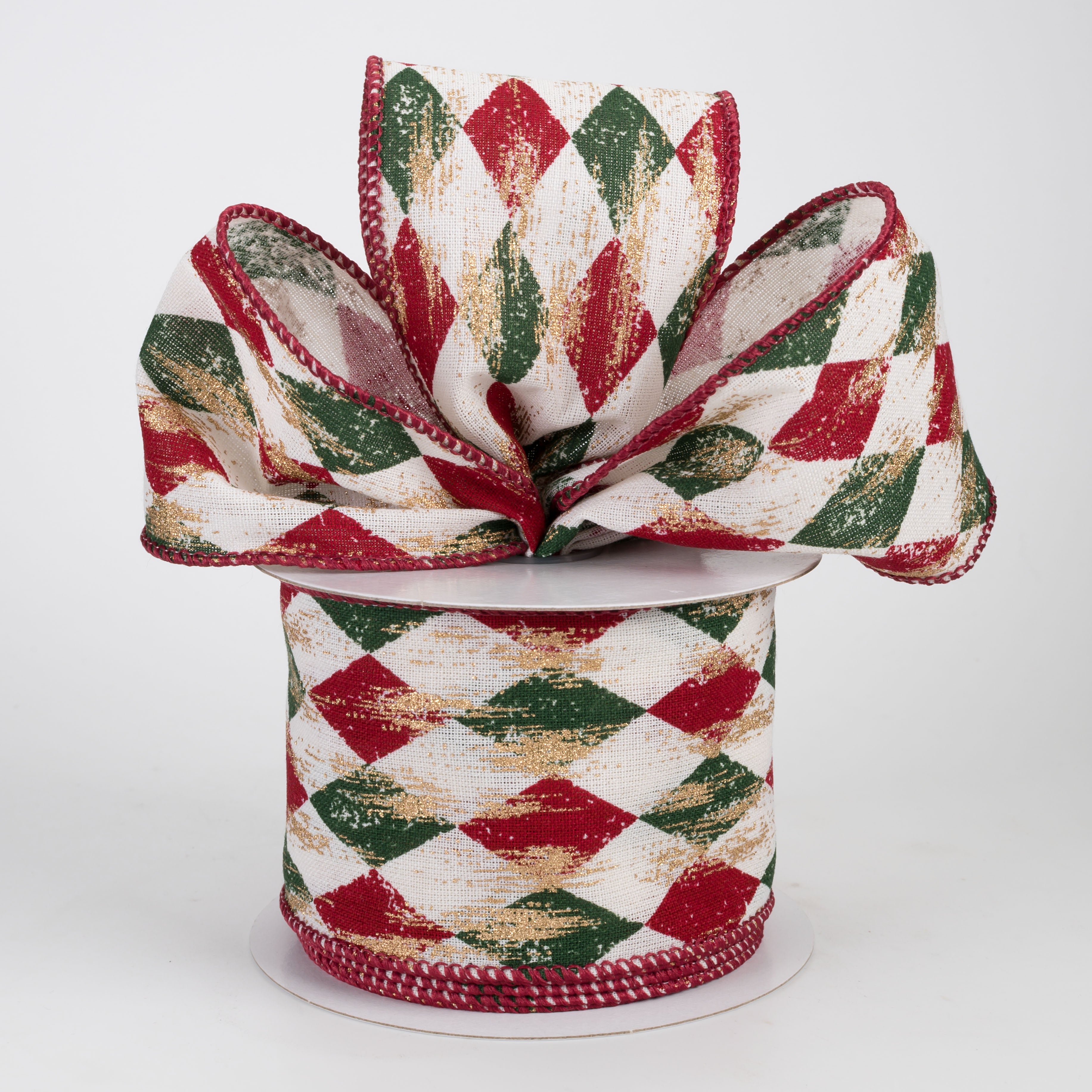 2.5" Canvas Harlequin Gold Painted Ribbon: Cream, Dark Red & Green (10 Yards)