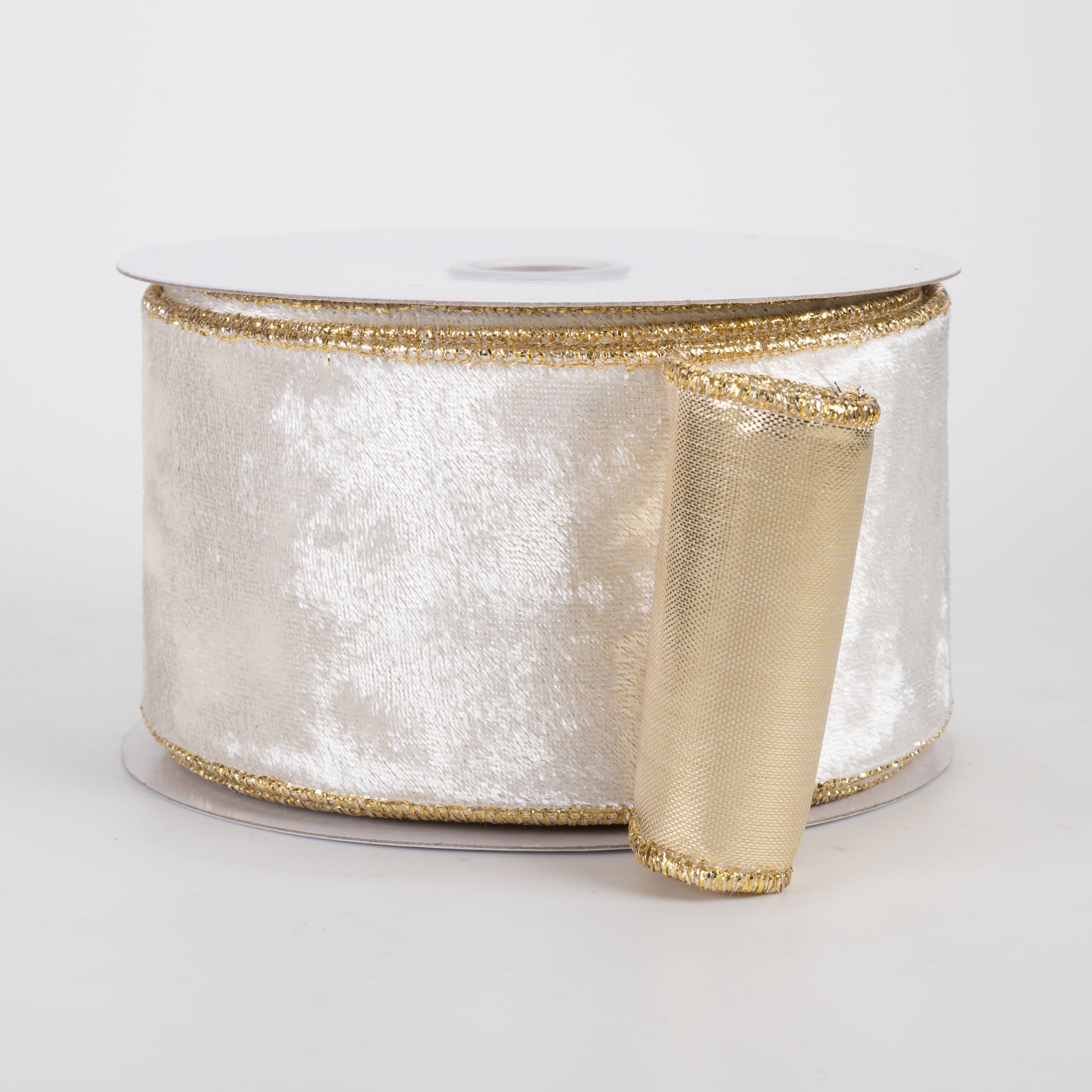 2.5" Lush Velvet Metallic Backed Ribbon: Ivory Cream & Gold (10 Yards)