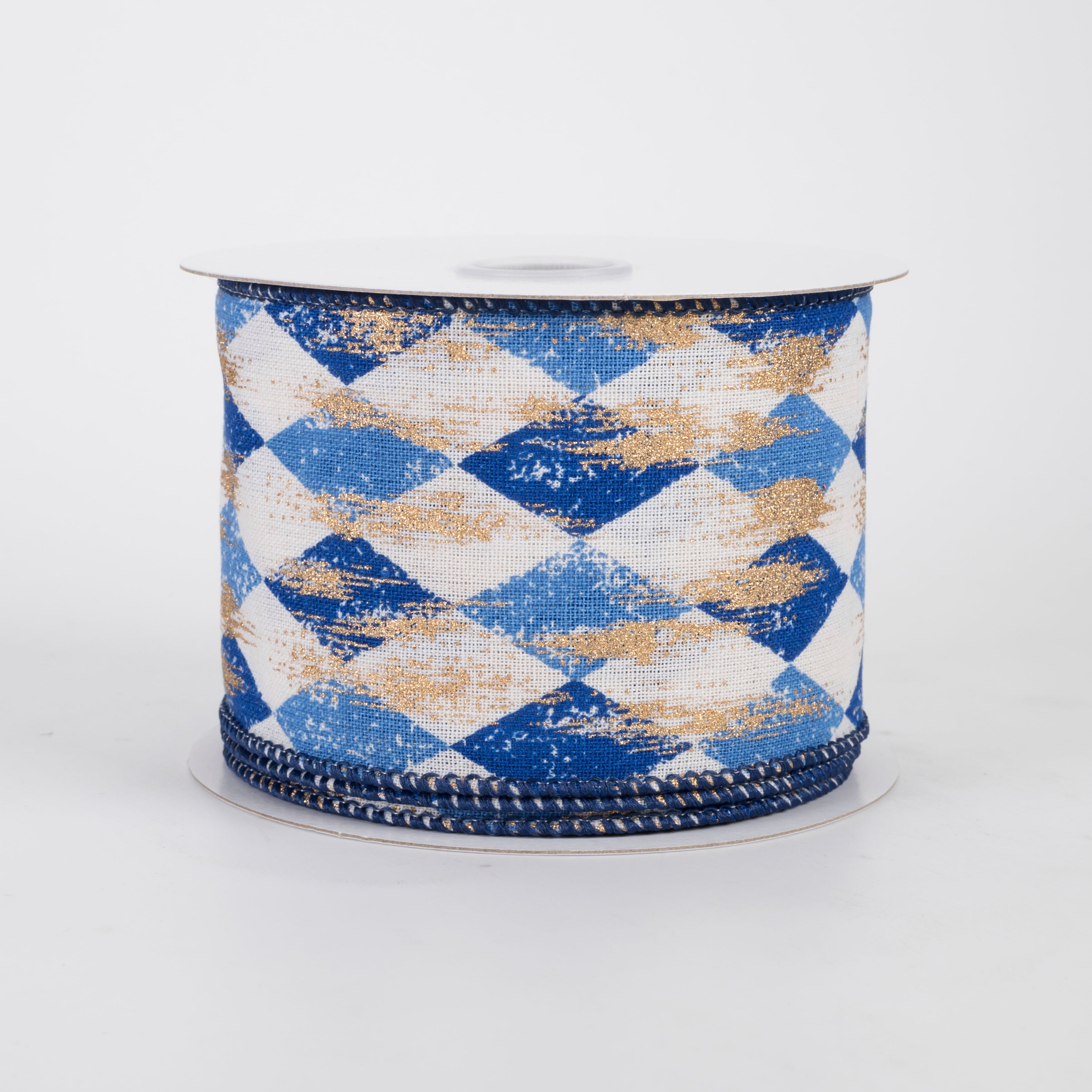 2.5" Canvas Harlequin Gold Painted Ribbon: Cream, Blue & Navy (10 Yards)