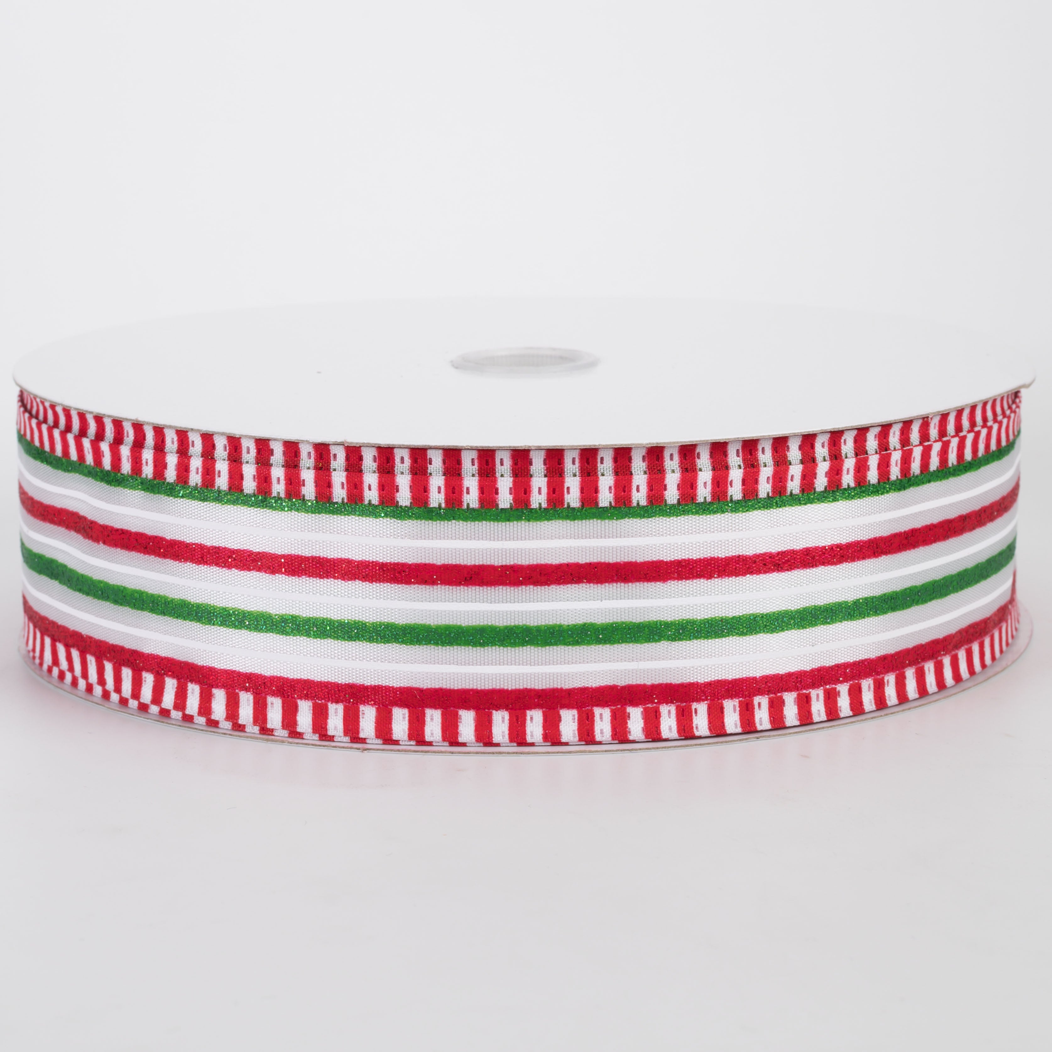 1.5" Satin Glitter Stripes Polka Dot Edge Ribbon: Red, White, Green (50 Yards)