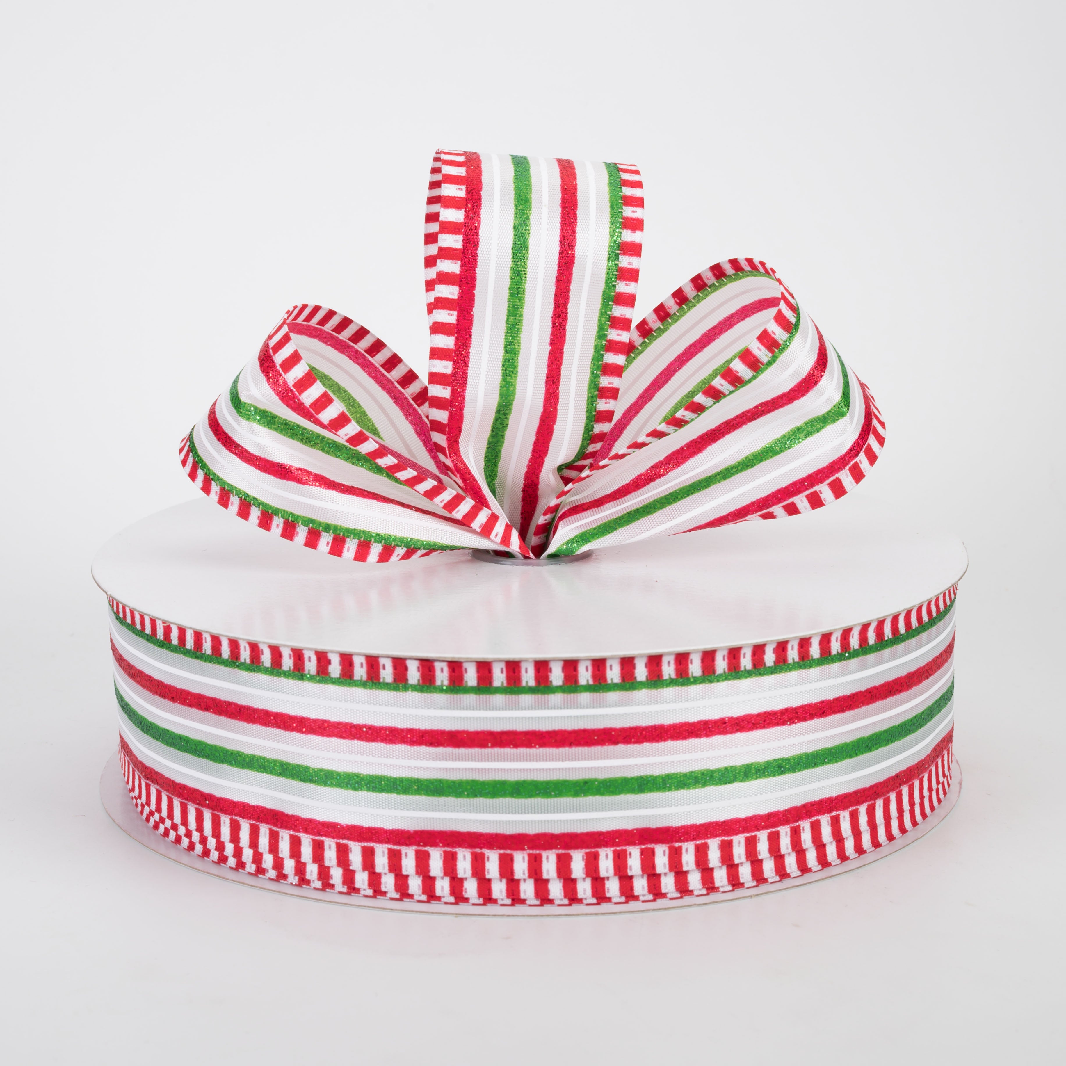 1.5" Satin Glitter Stripes Polka Dot Edge Ribbon: Red, White, Green (50 Yards)