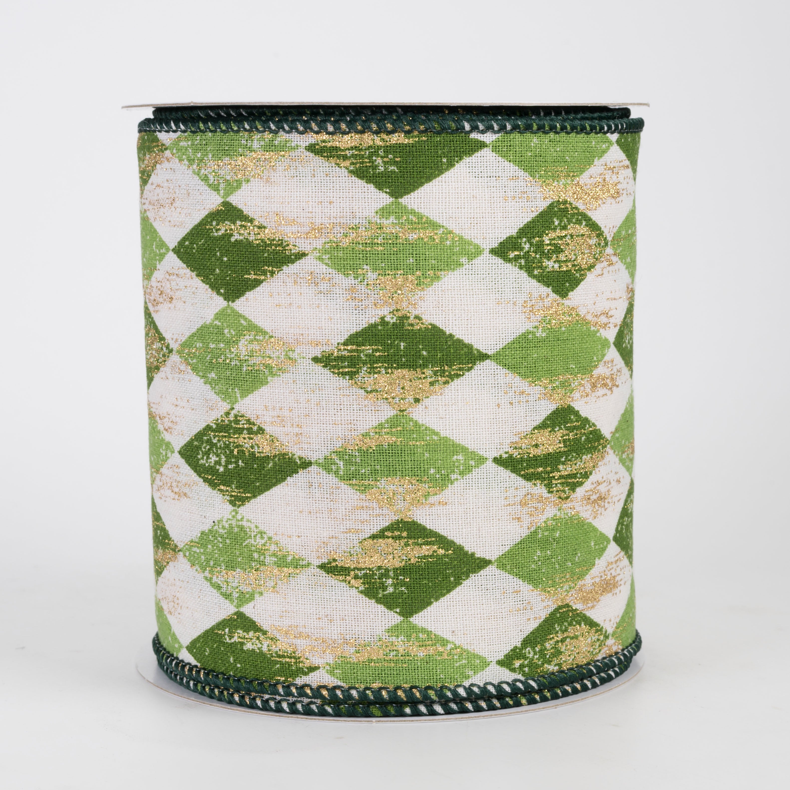 4" Canvas Harlequin Gold Painted Ribbon: Cream, Moss & Kiwi (10 Yards)