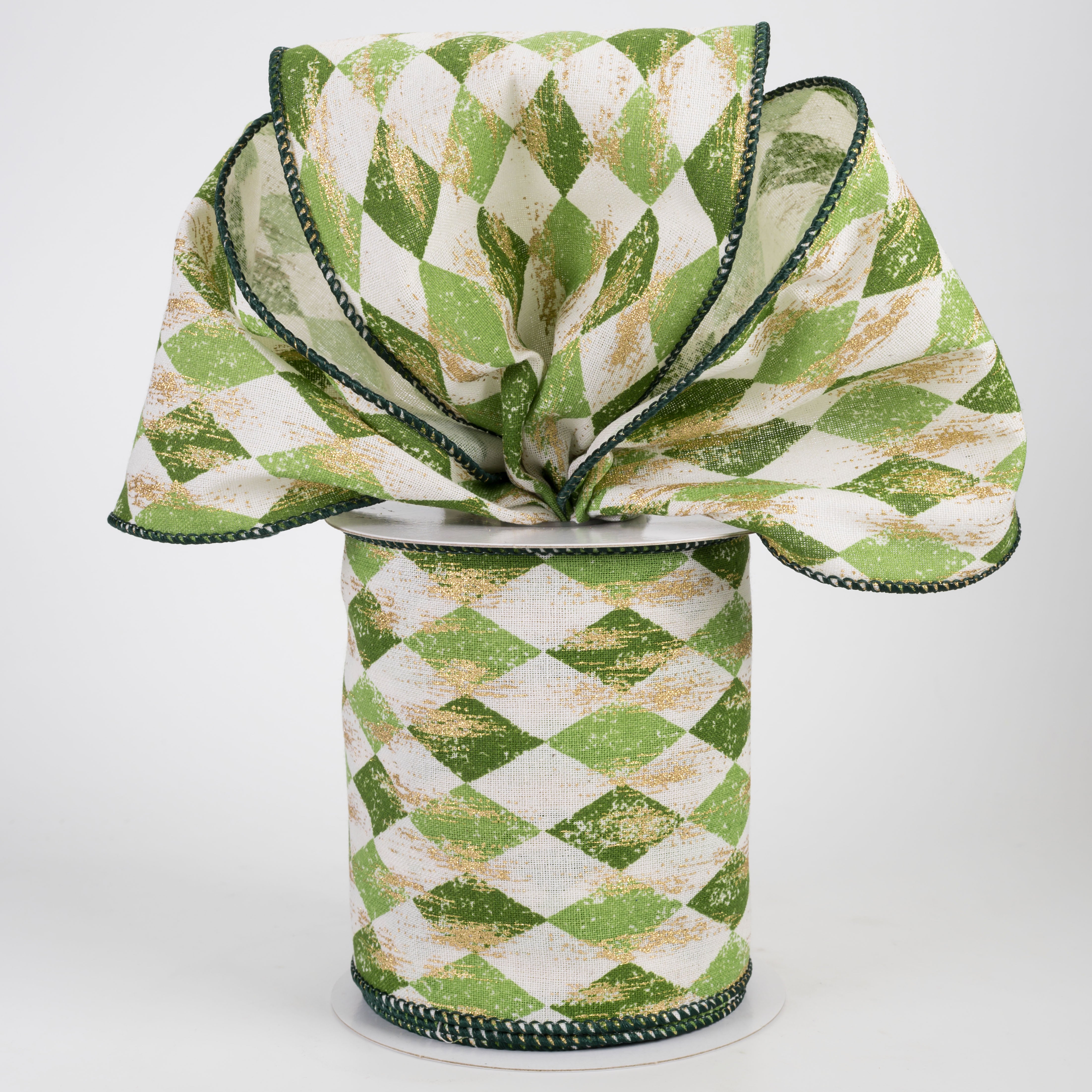 4" Canvas Harlequin Gold Painted Ribbon: Cream, Moss & Kiwi (10 Yards)