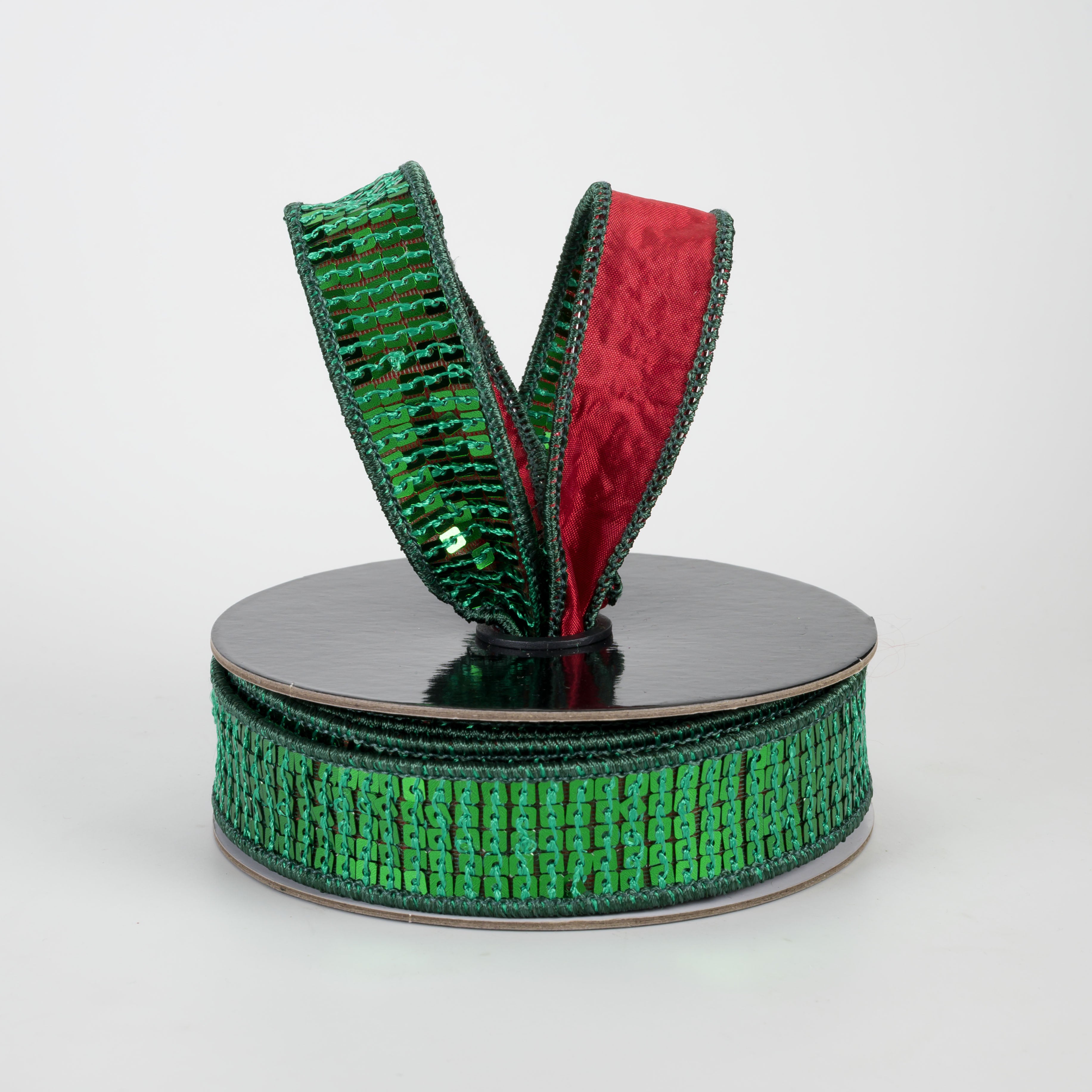 1" Disco Ball Sequin Ribbon: Green & Red (10 Yards)