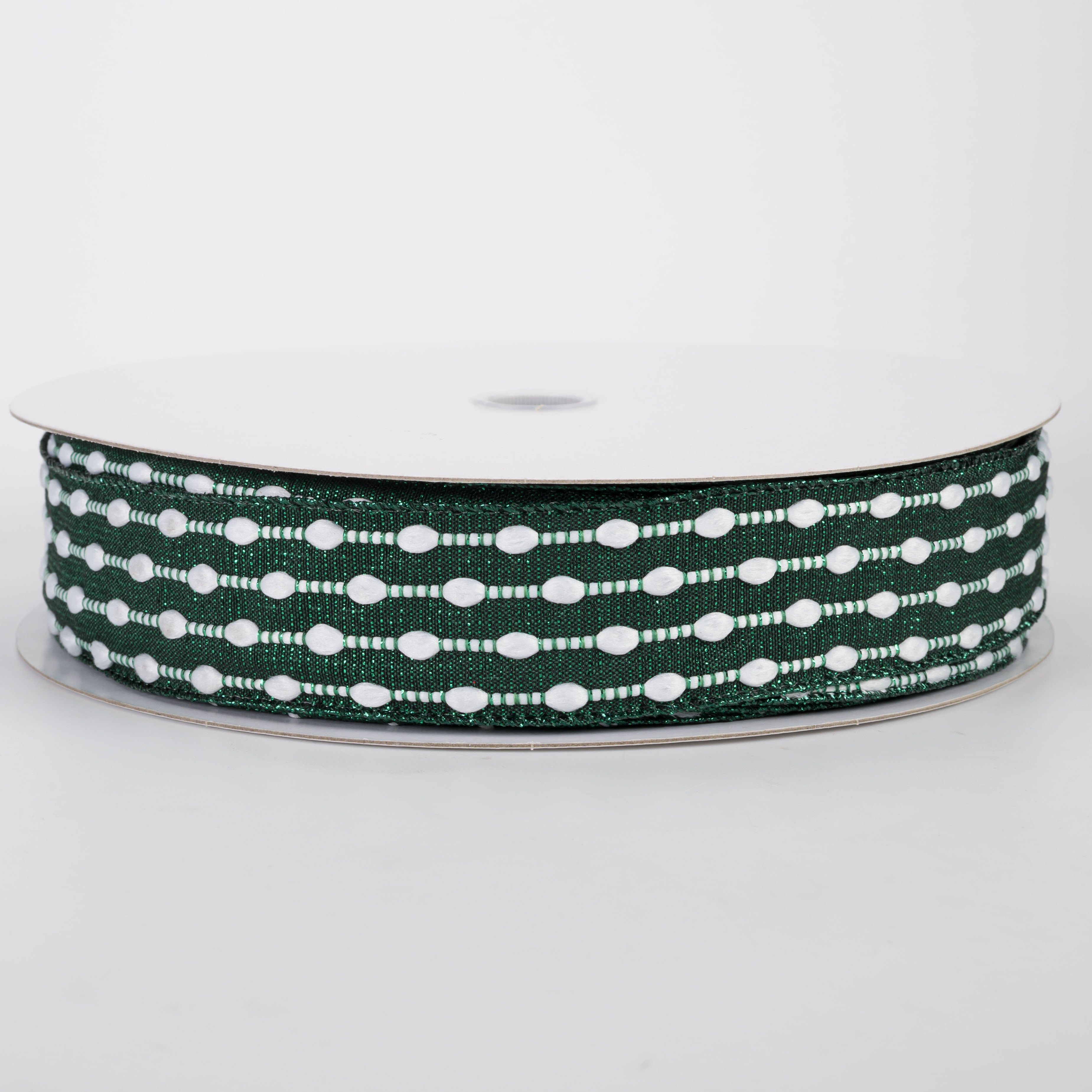 1.5" White Snowball Weave Ribbon: Green Metallic (50 Yards)