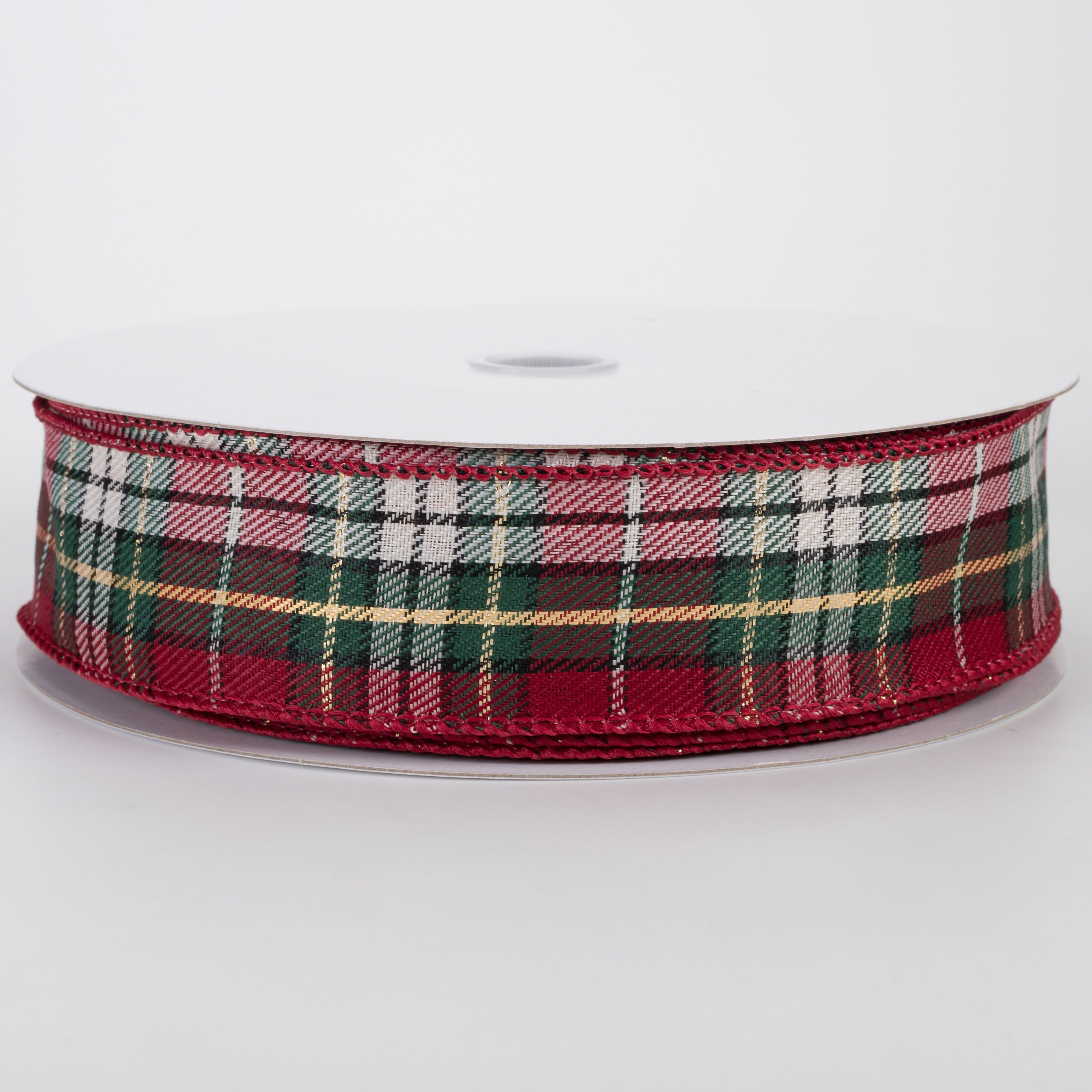 1.5" Woven Pippa Christmas Plaid Ribbon: Hunter, Red & Metallic Gold (50 Yards)