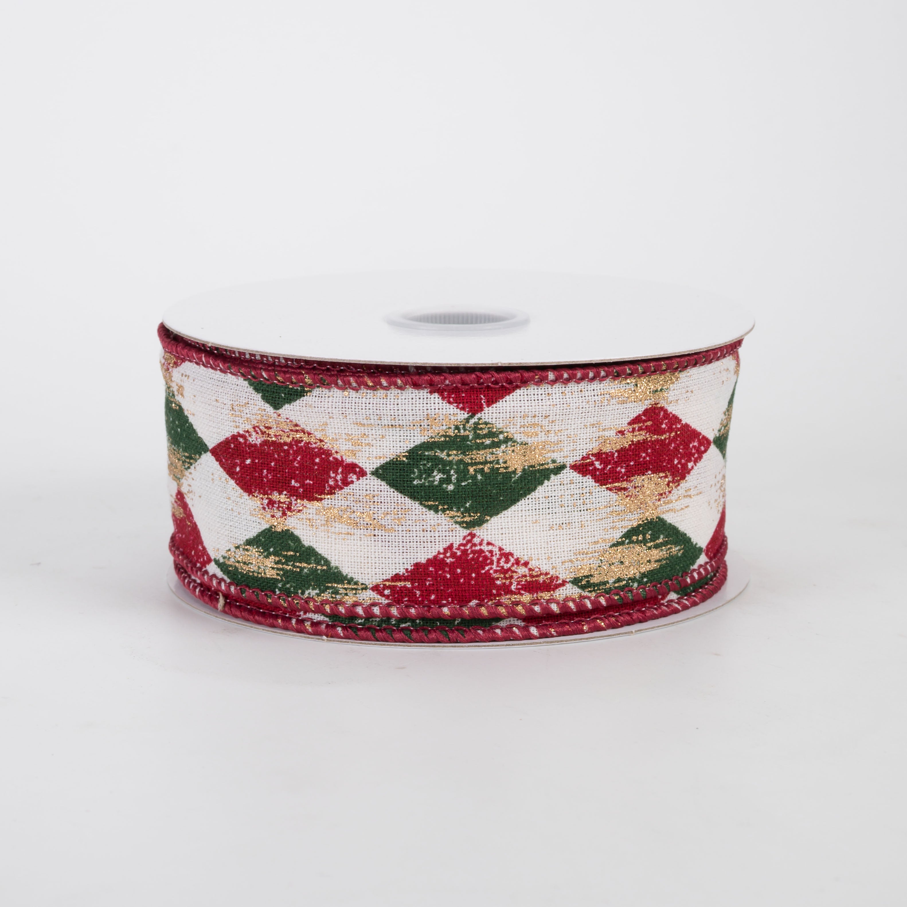 1.5" Canvas Harlequin Gold Painted Ribbon: Cream, Dark Red & Green (10 Yards)
