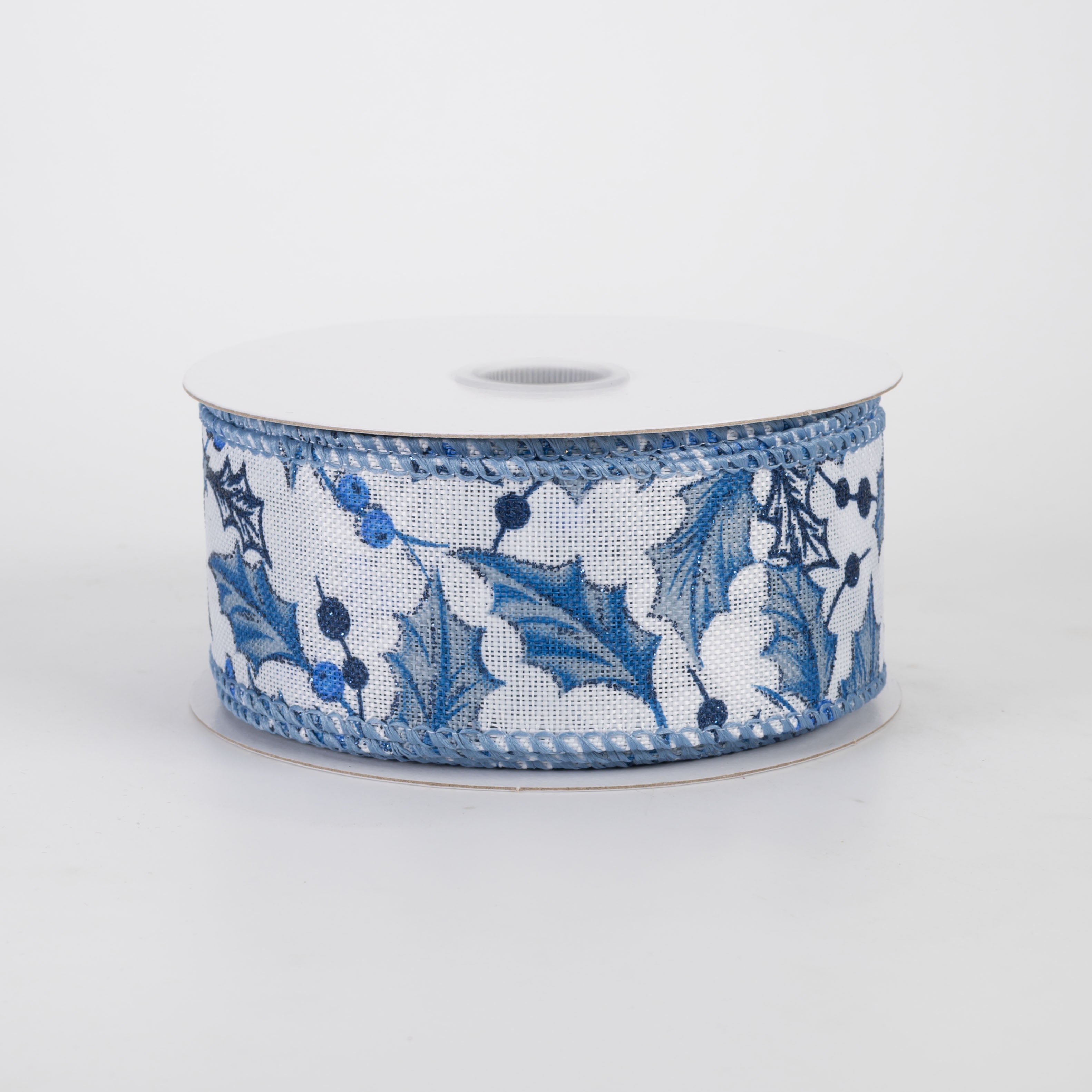 1.5" Linen Chinoiserie Holly Leaves & Berries Ribbon: Blue on White (10 Yards)