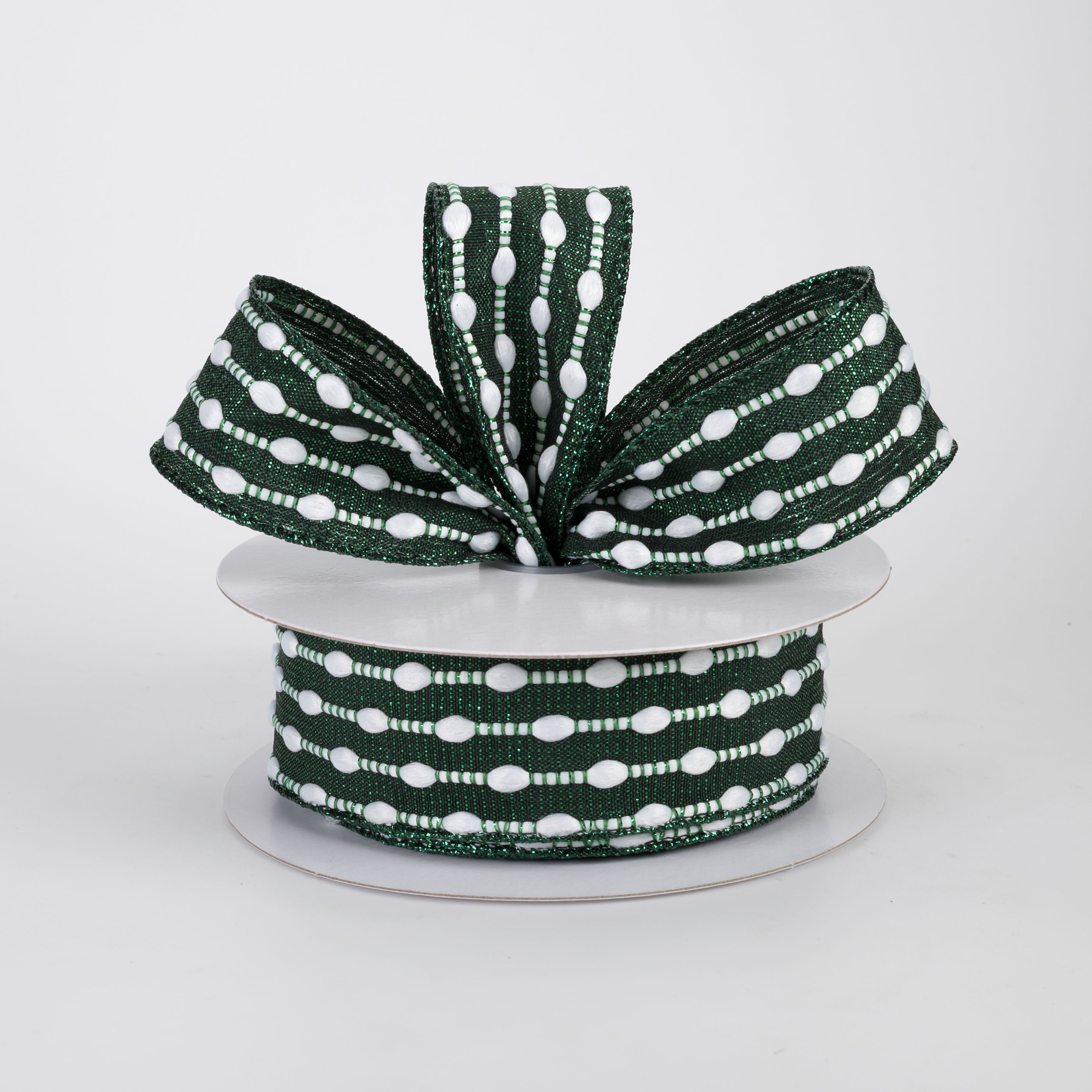 1.5" White Snowball Weave Ribbon: Green Metallic (10 Yards)