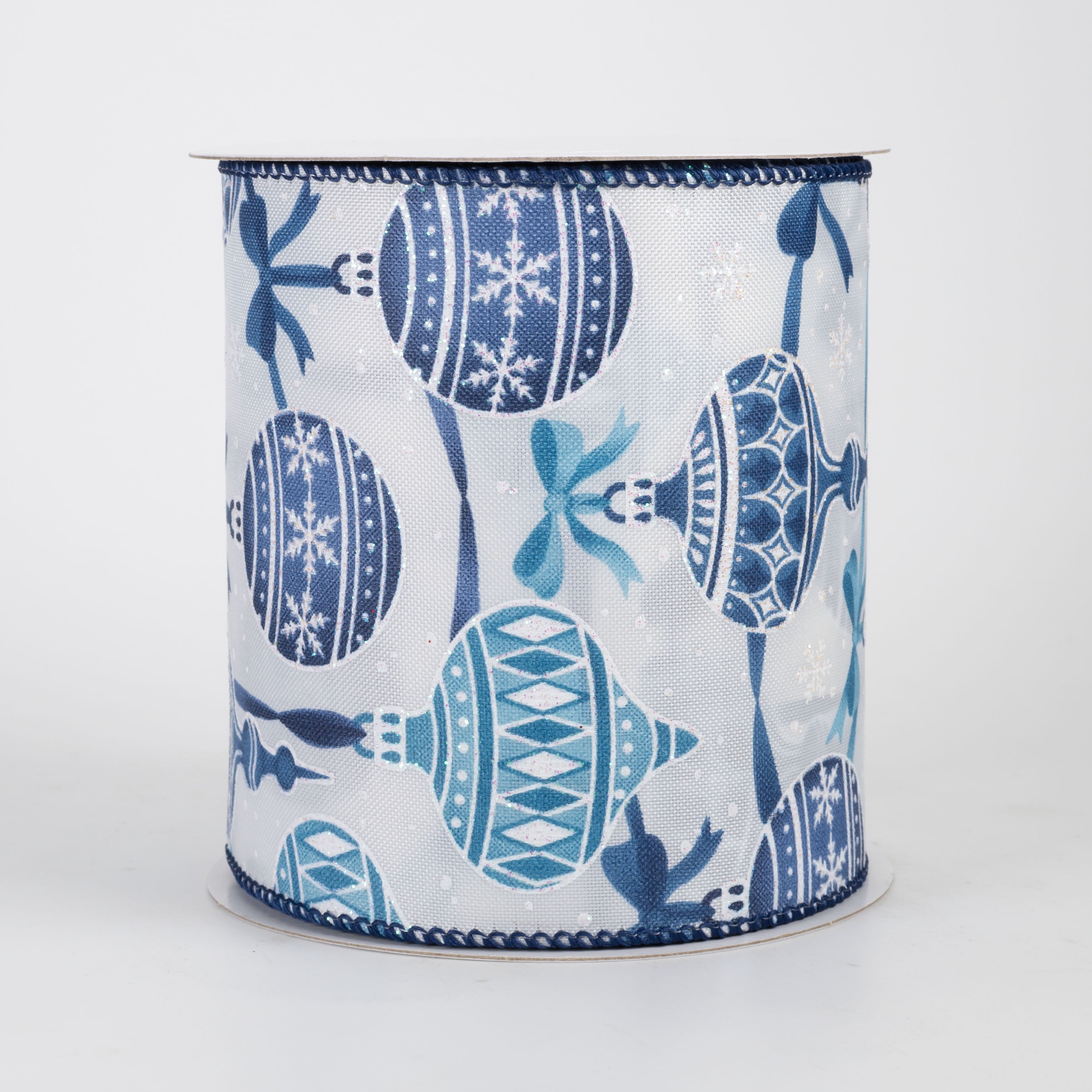 4" Linen Ornaments & Bows Ribbon: Blue & Navy on White (10 Yards)