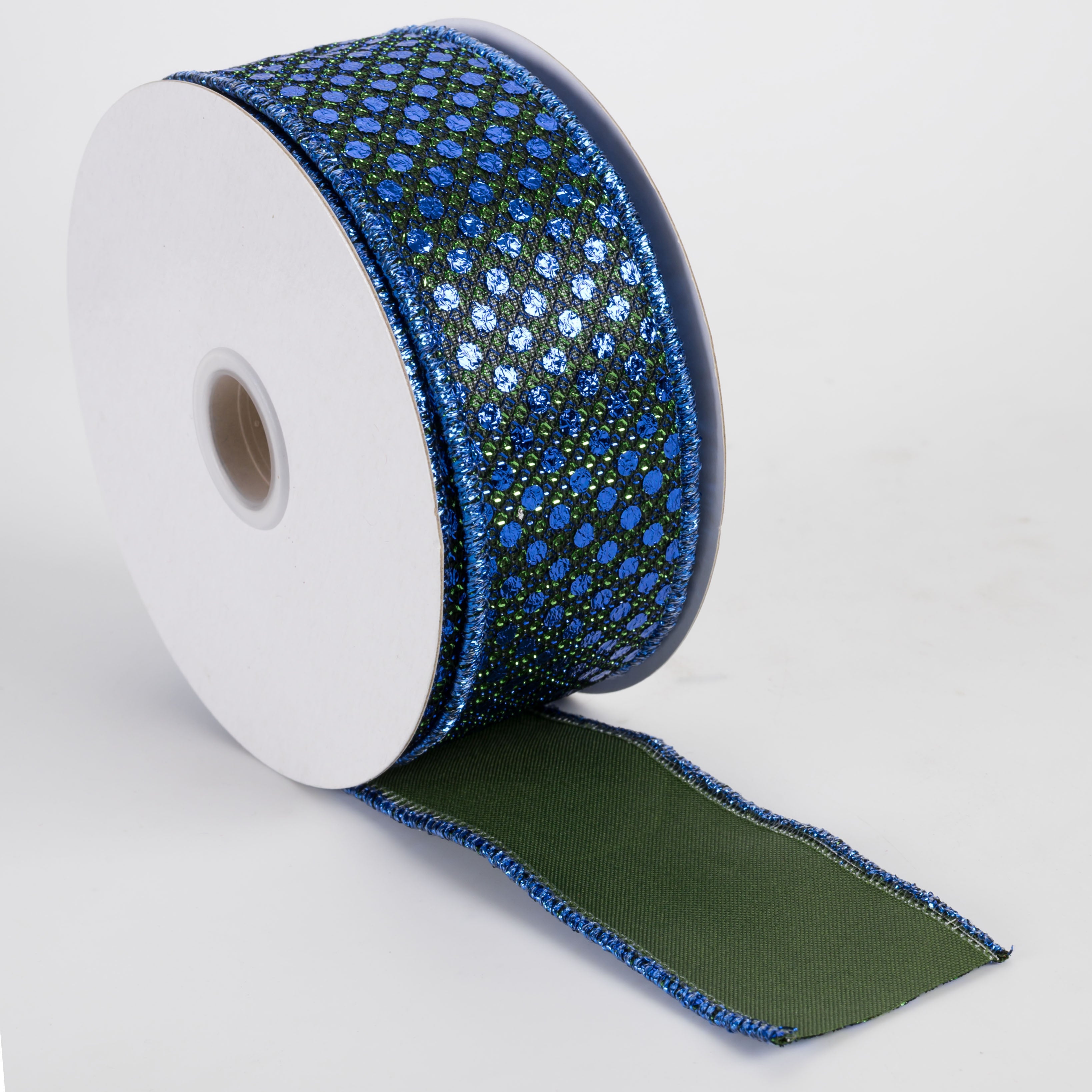 1.5" Metallic Dragon Scale Dots Ribbon: Moss & Royal Blue (10 Yards)
