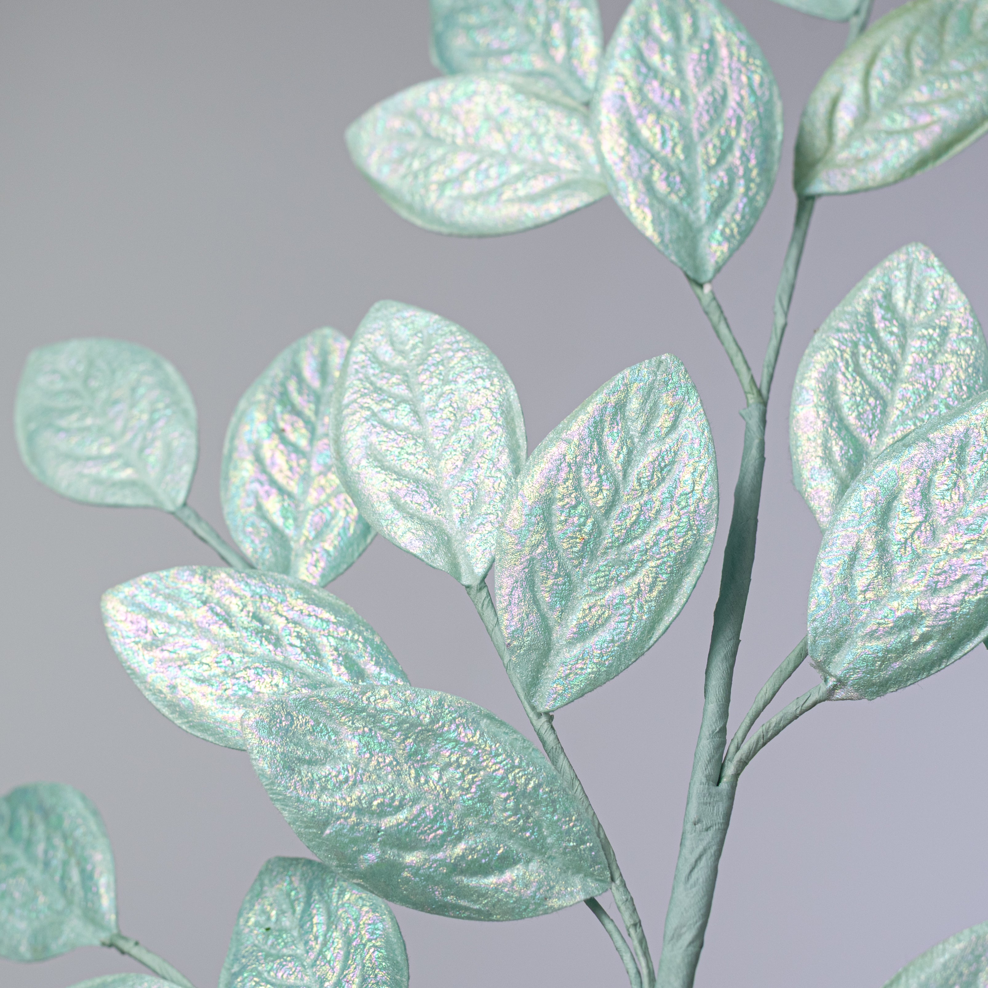 30" Glossy Iridescent Leaves Spray: Mint Blue