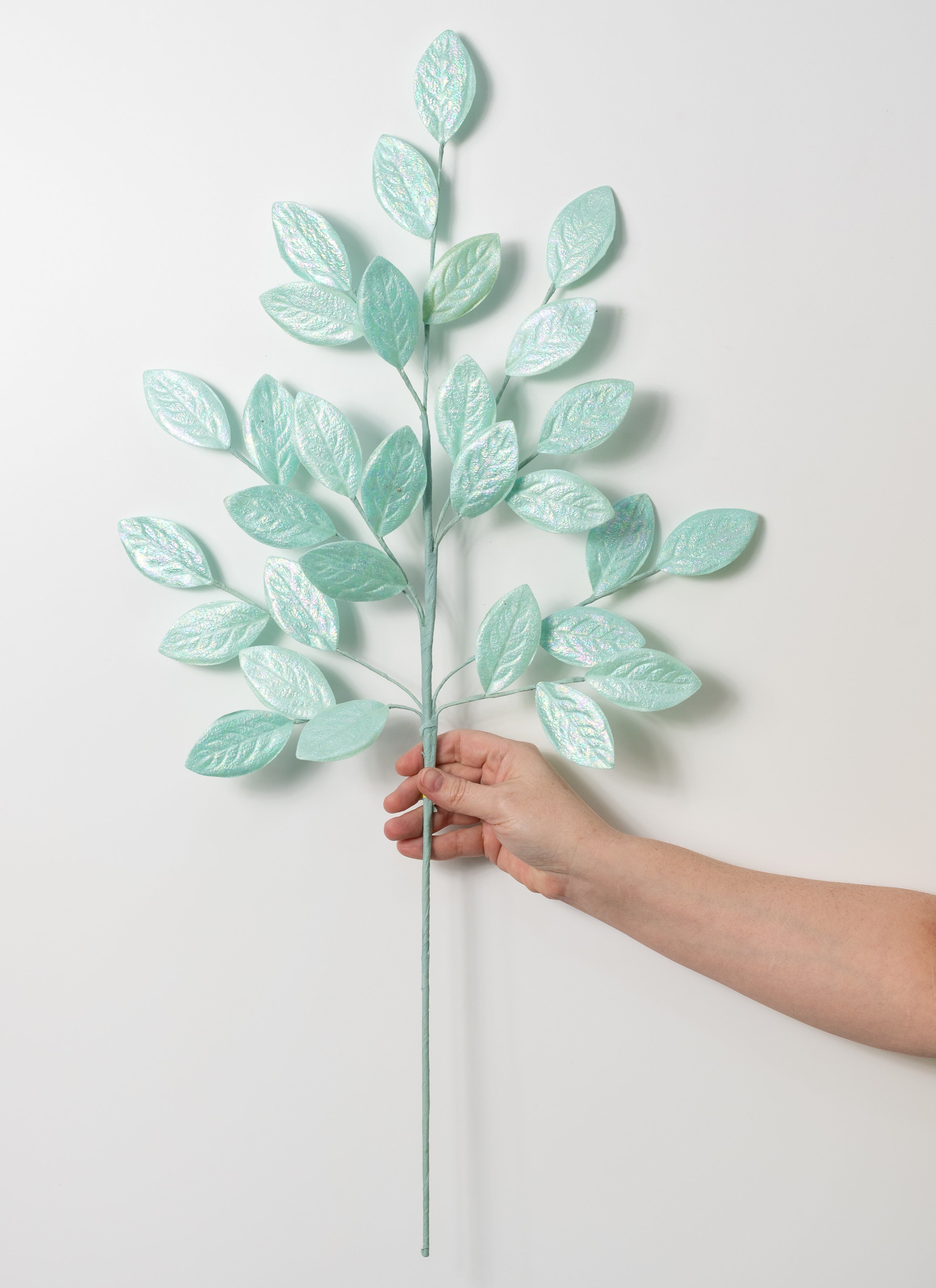 30" Glossy Iridescent Leaves Spray: Mint Blue