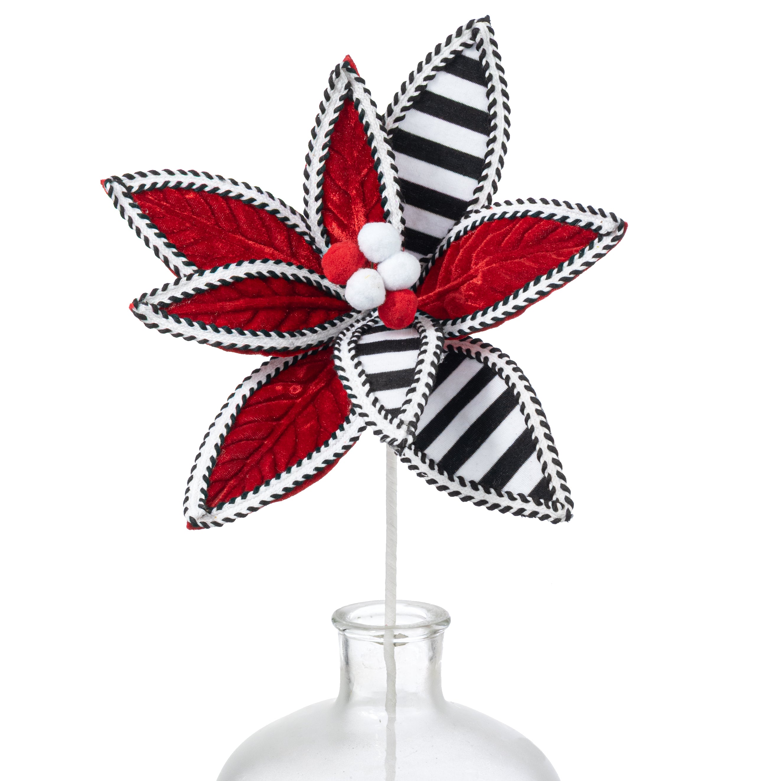 11" x 22" Velvet & Trim Stripe Poinsettia Stem: Red, Black & White