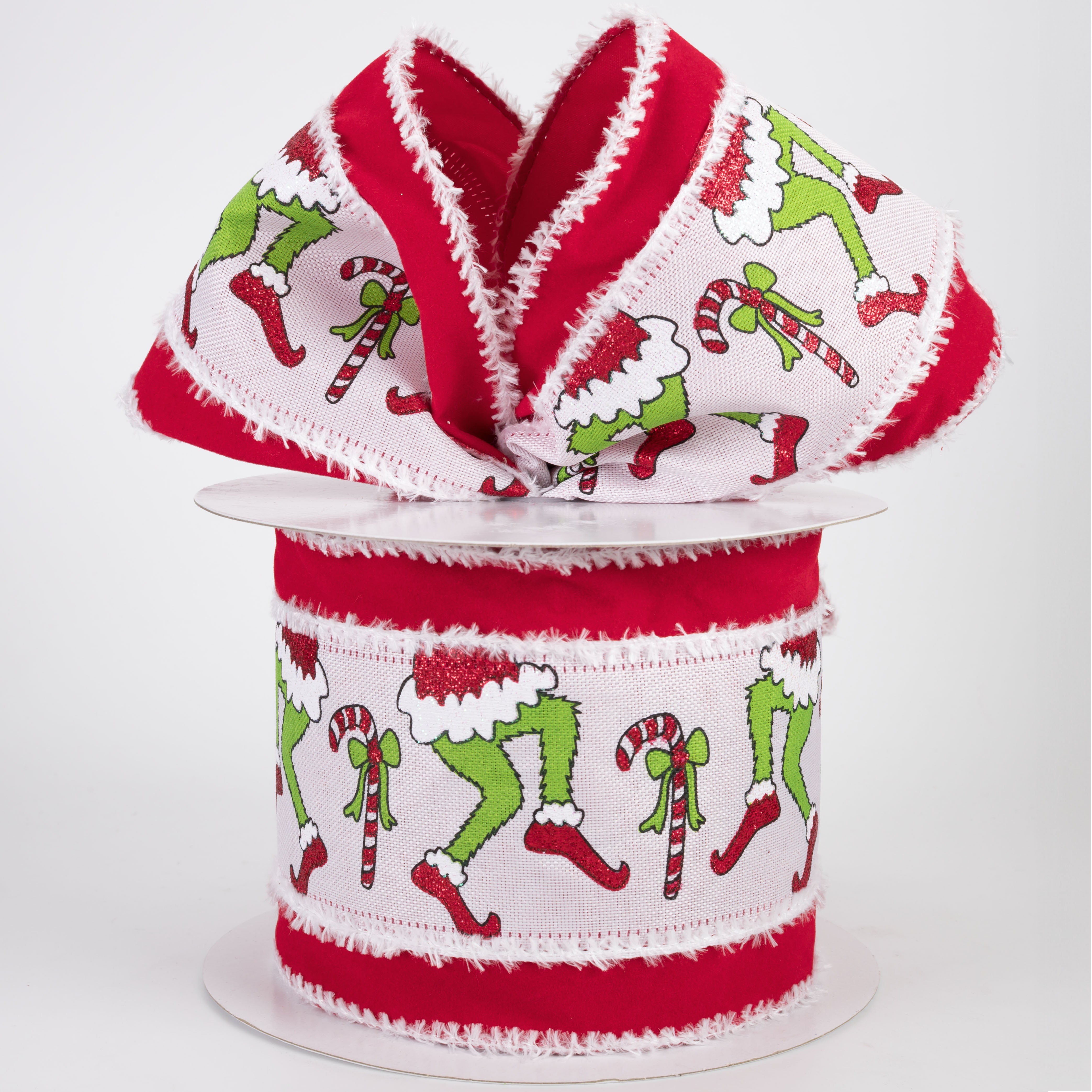 4" Velvet Edge Christmas Green Monster Legs & Candy Canes Ribbon: Red (10 Yards)