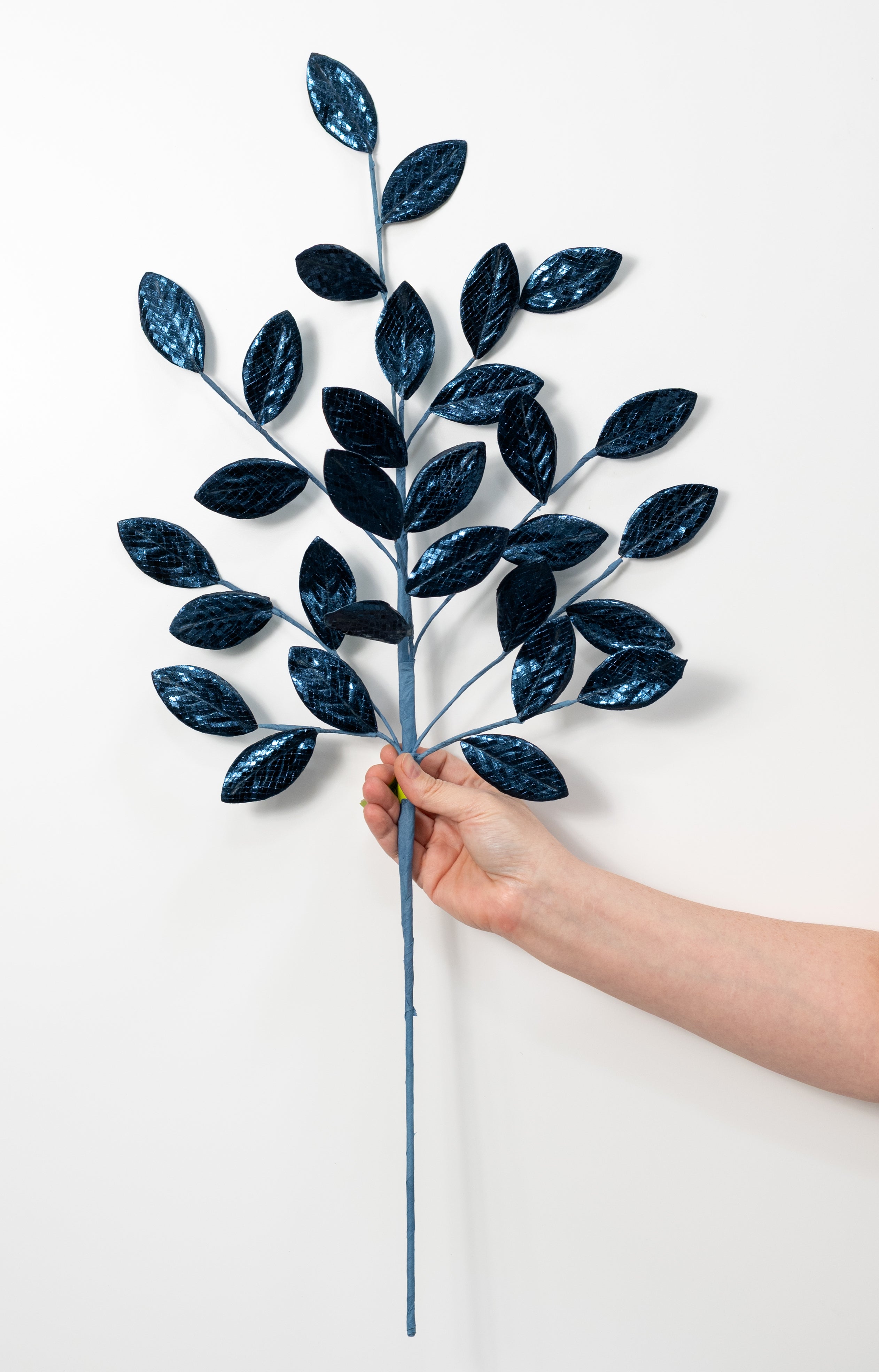 30" Metallic Snakeskin Leaves Spray: Navy Blue