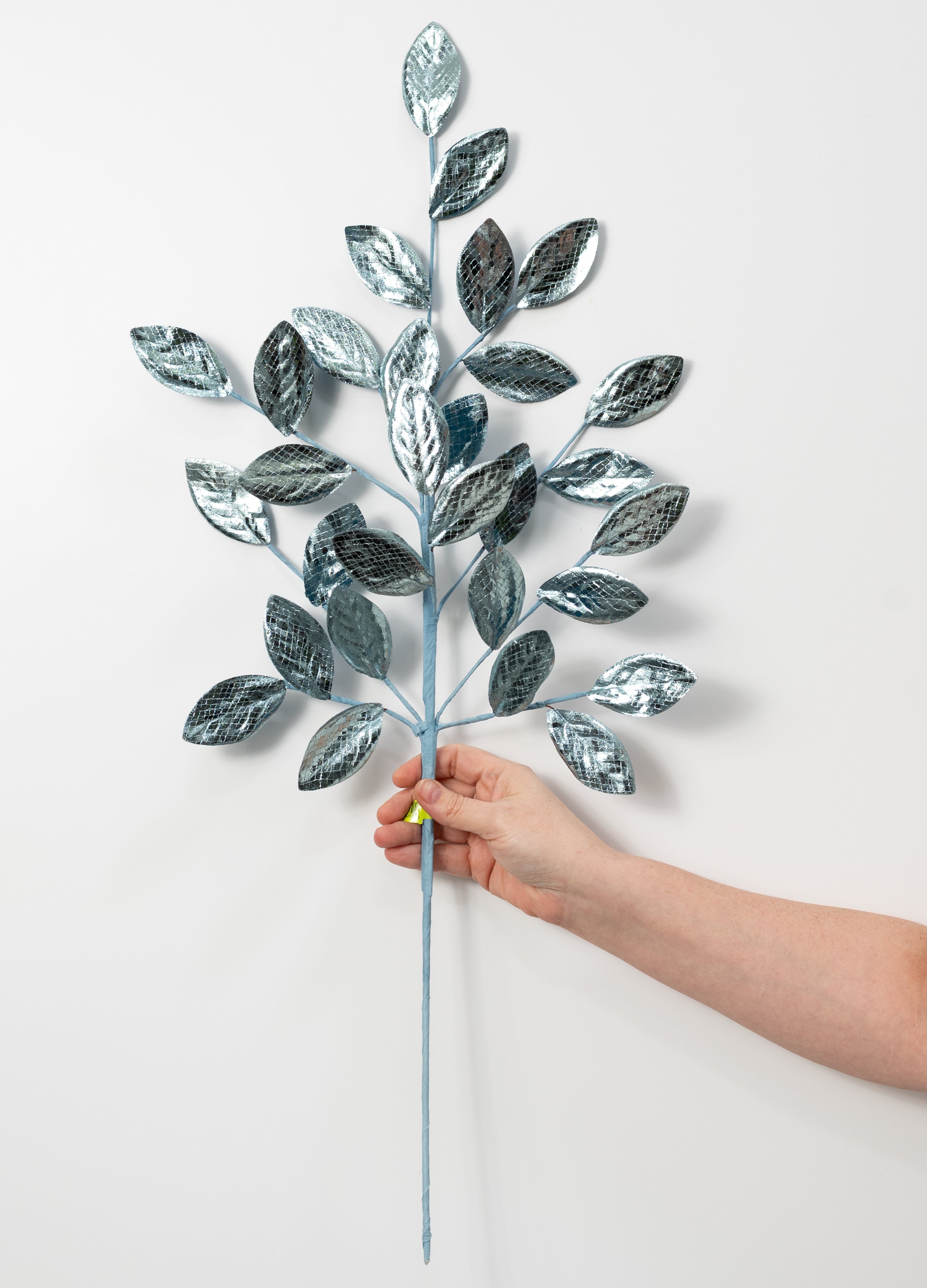 30" Metallic Snakeskin Leaves Spray: Ice Blue