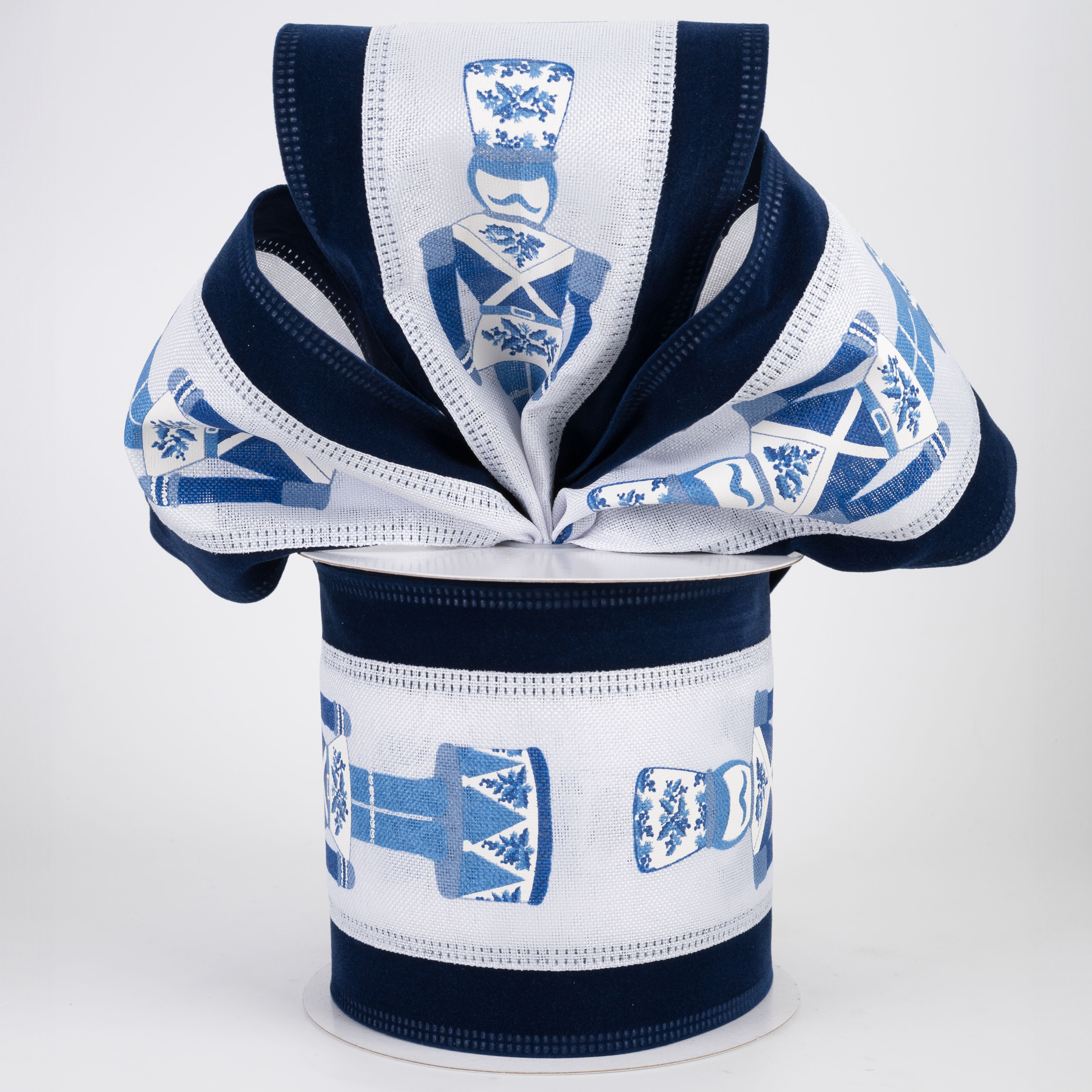 4" Velvet Edge Chinoiserie Nutcracker Ribbon: Navy Blue & White (10 Yards)