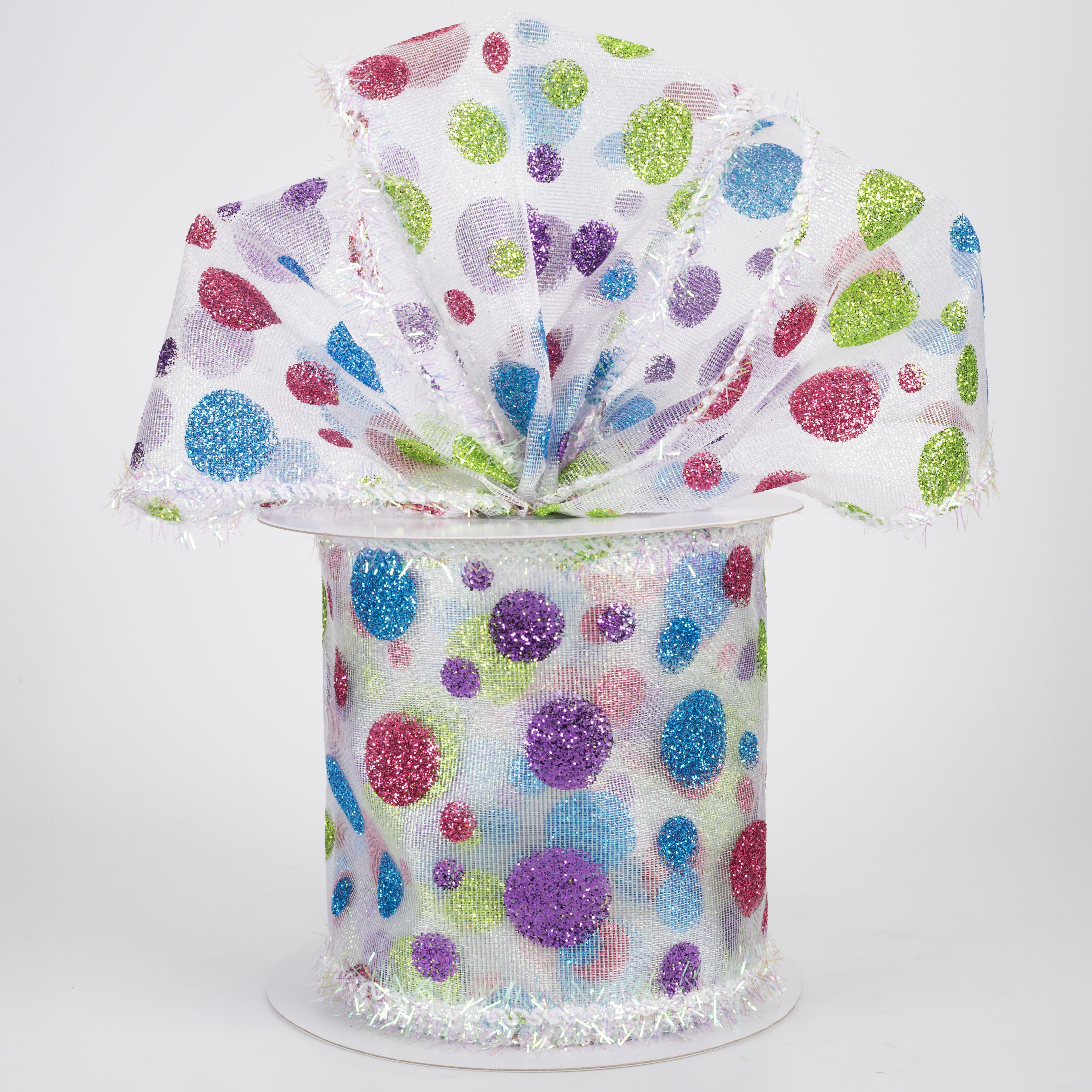 4" Iridescent Sheer Glittered Polka Dots Ribbon: Bright Multicolor (10 Yards)