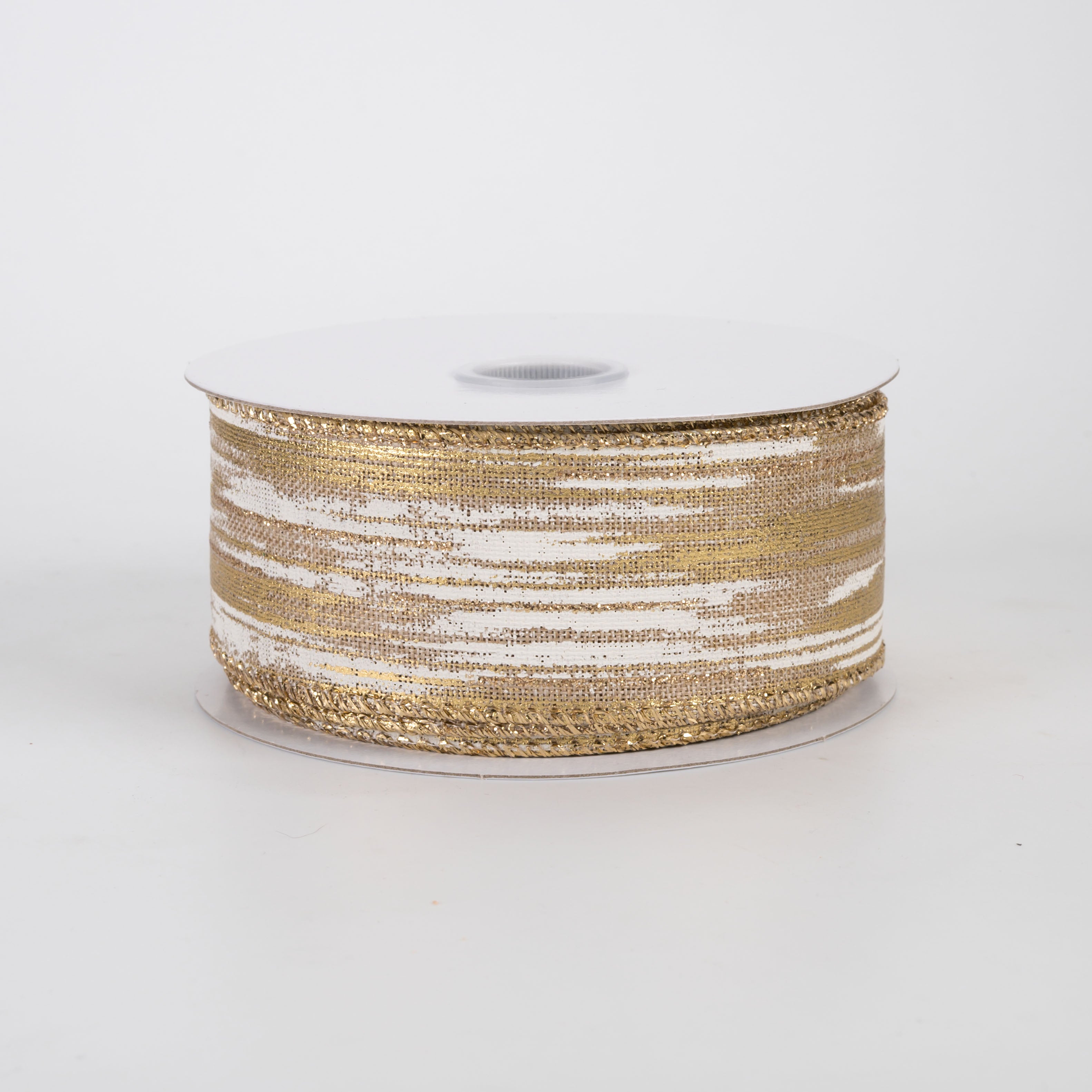 1.5" Linen Metallic Brushstrokes Ribbon: Cream & Gold on Natural (10 Yards)