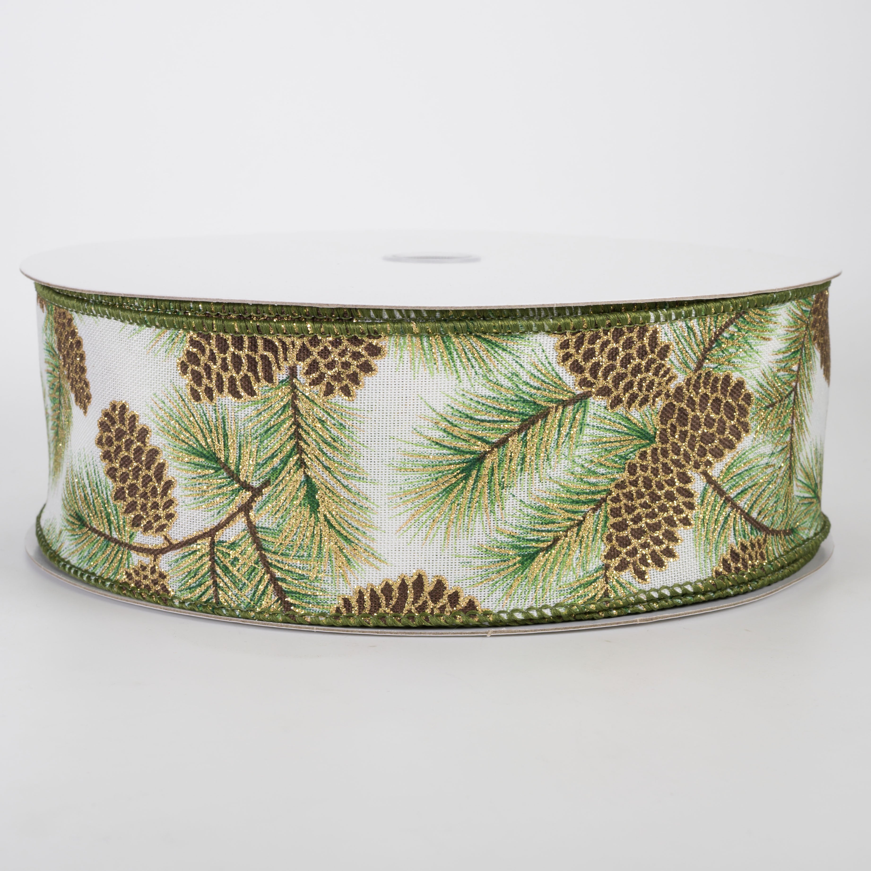 2.5" Linen Pinecones & Pine Needle Branches Ribbon: Ivory (50 Yards)