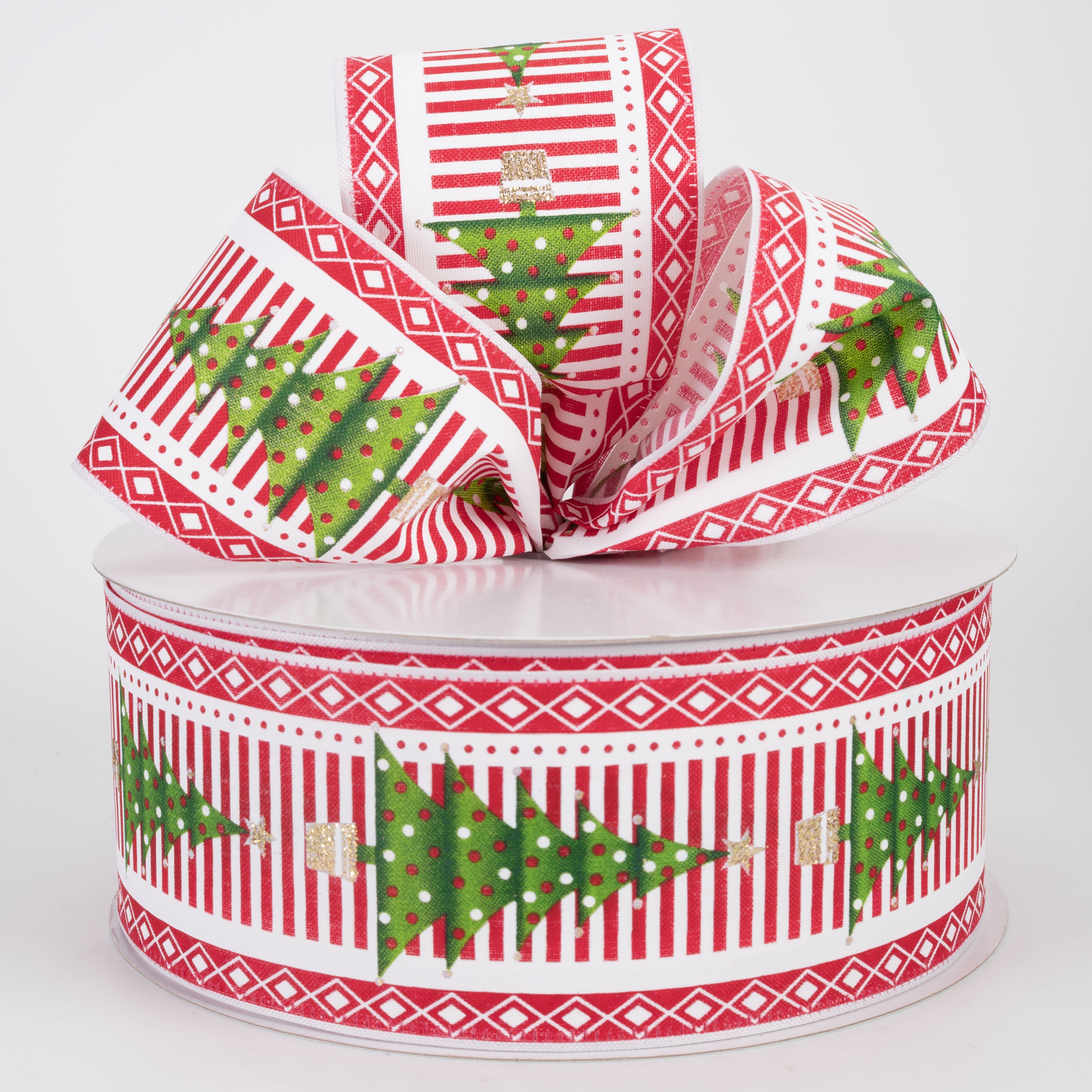 2.5" Satin Christmas Trees on Stripes Harlequin Edge Ribbon: Red & White (50 Yards)