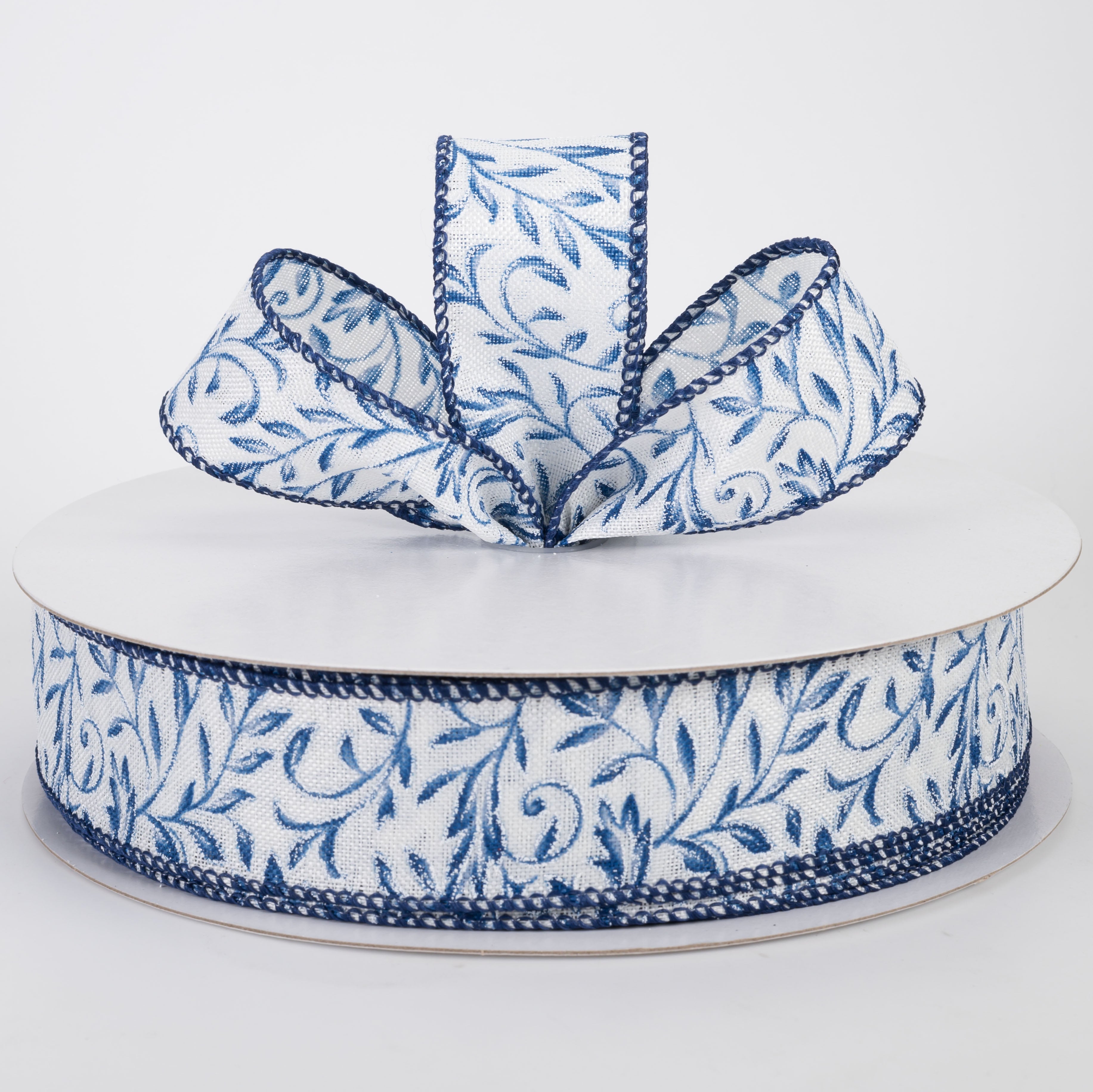 1.5" Linen Glittered Foliage Swirls Ribbon: Blue on Ivory (50 Yards)