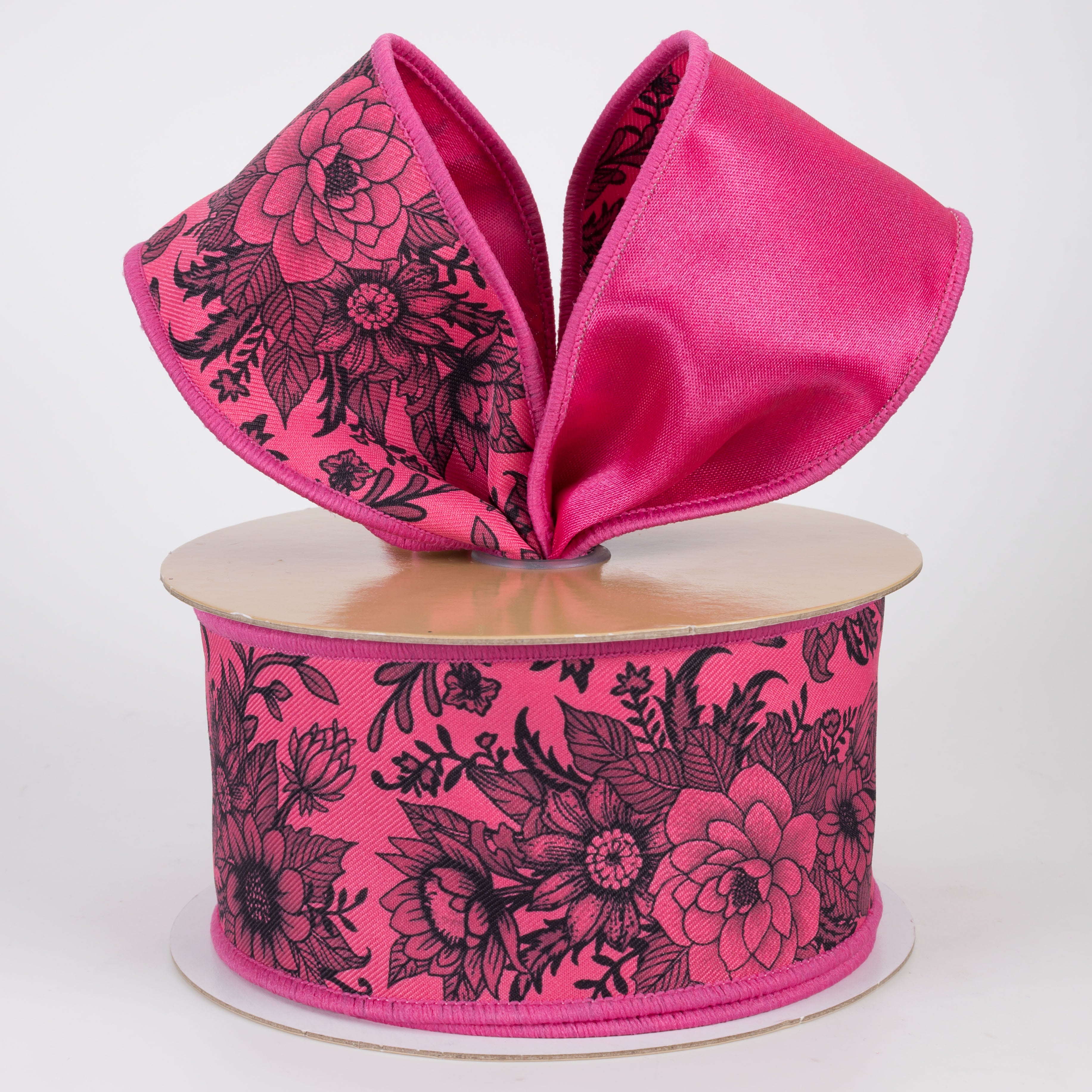 2.5" Double Sided Fused Chinoiserie Floral Ribbon: Hot Pink & Black (10 Yards)