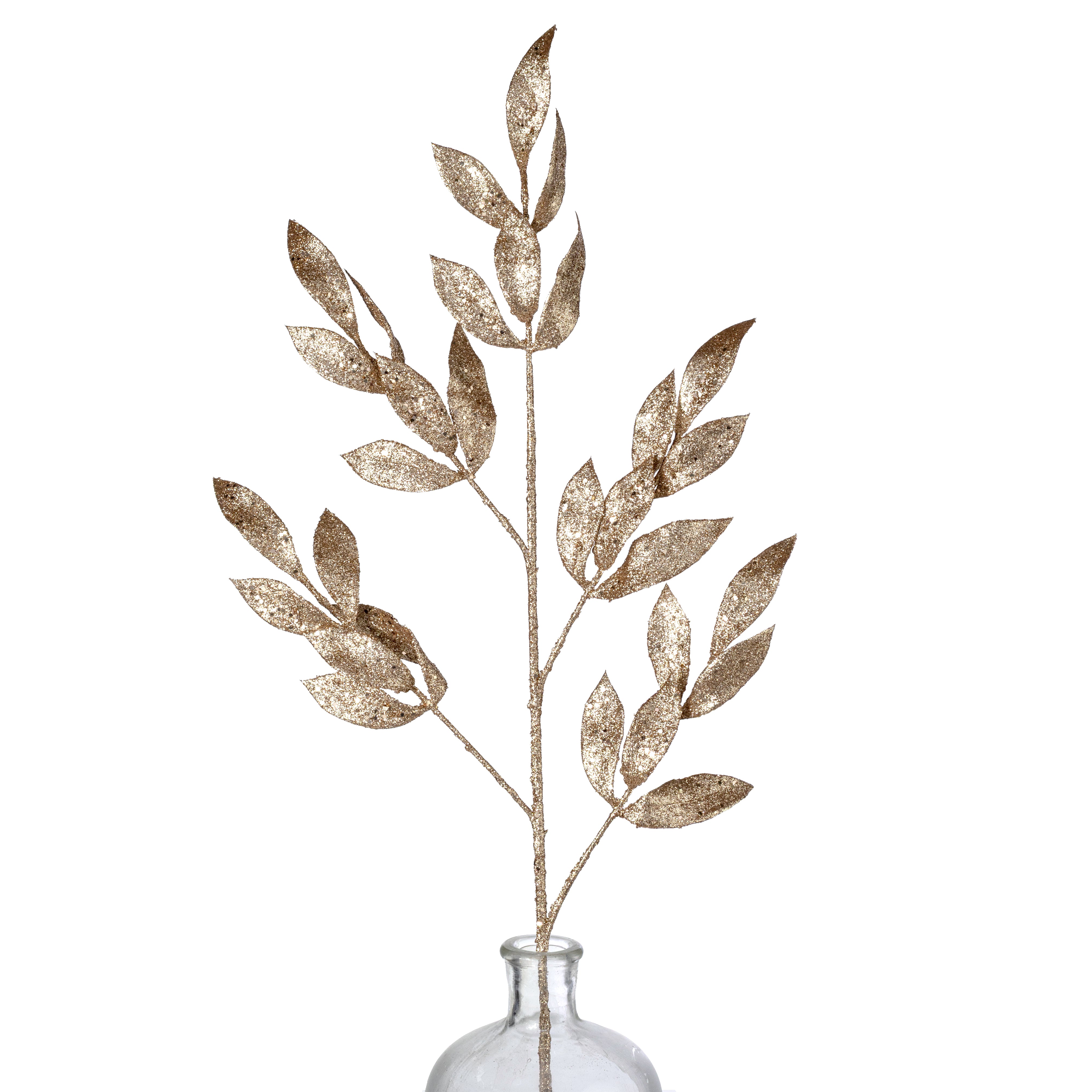 34" Glittered Laurel Leaves Branch: Champagne Gold