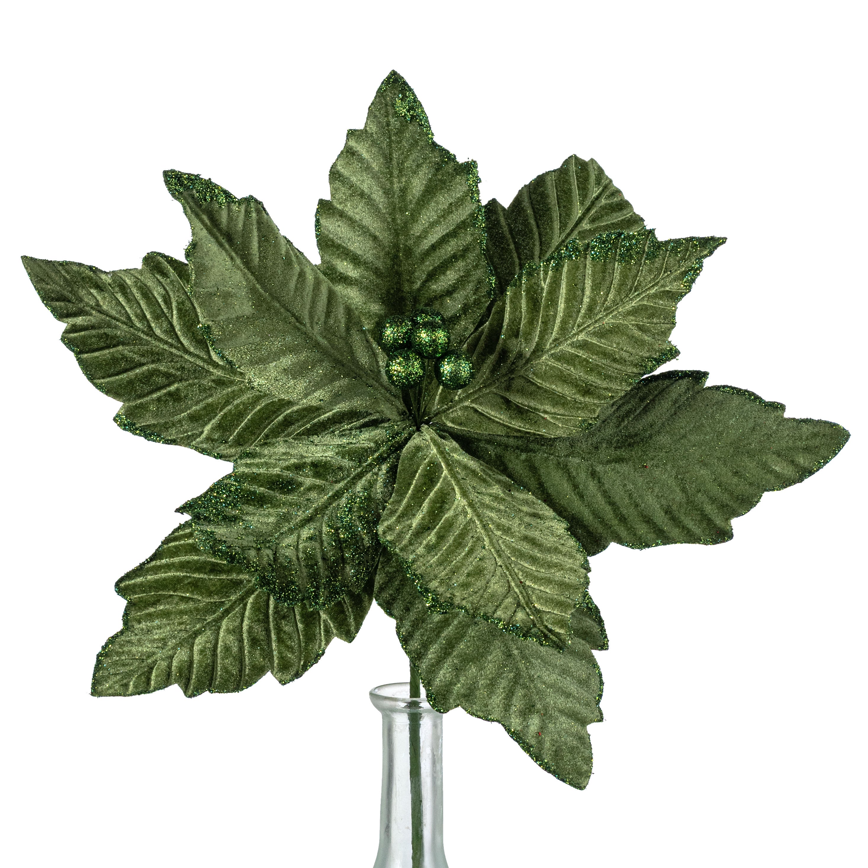 14" x 16" Velvet Poinsettia Stem: Moss Green