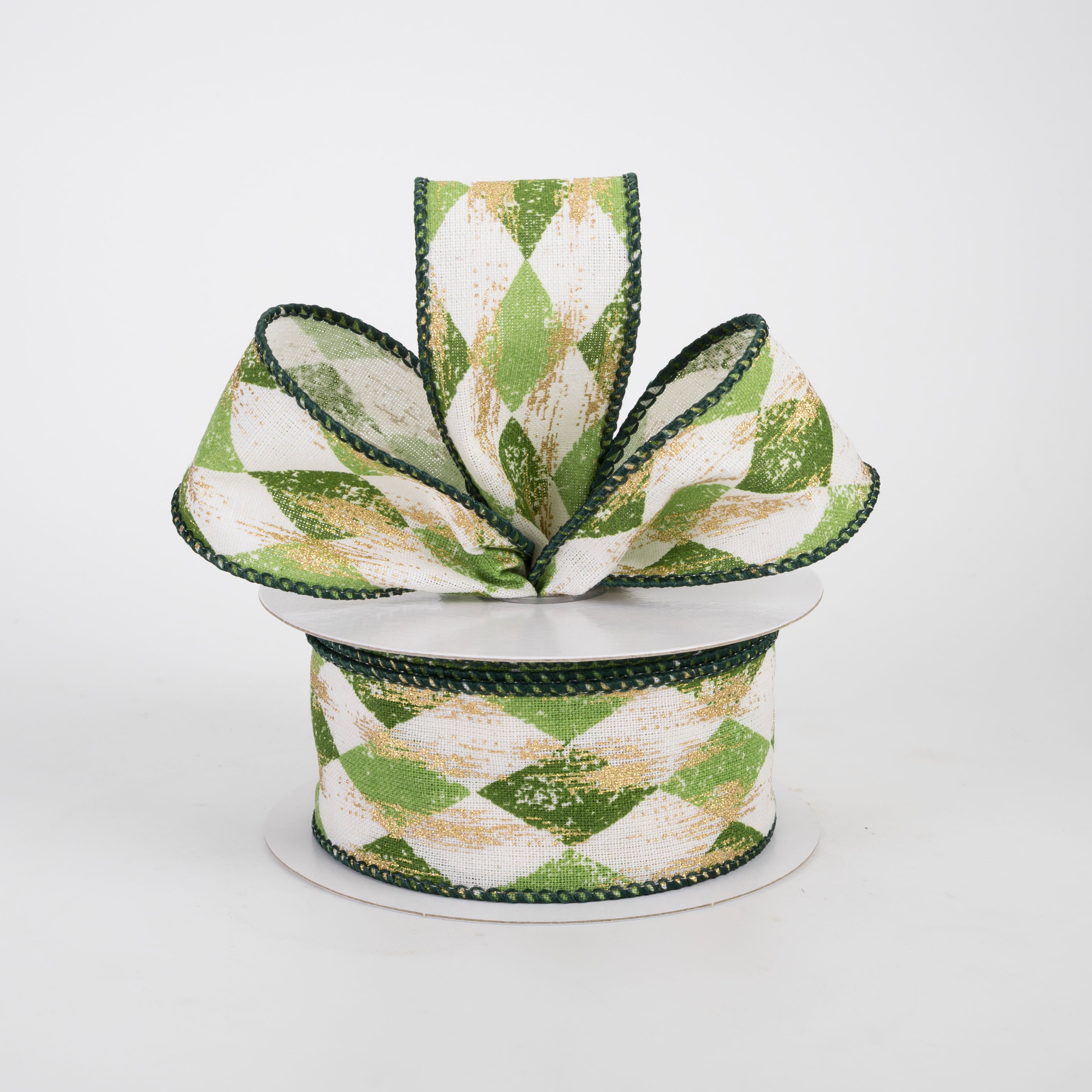 1.5" Canvas Harlequin Gold Painted Ribbon: Cream, Moss & Kiwi (10 Yards)