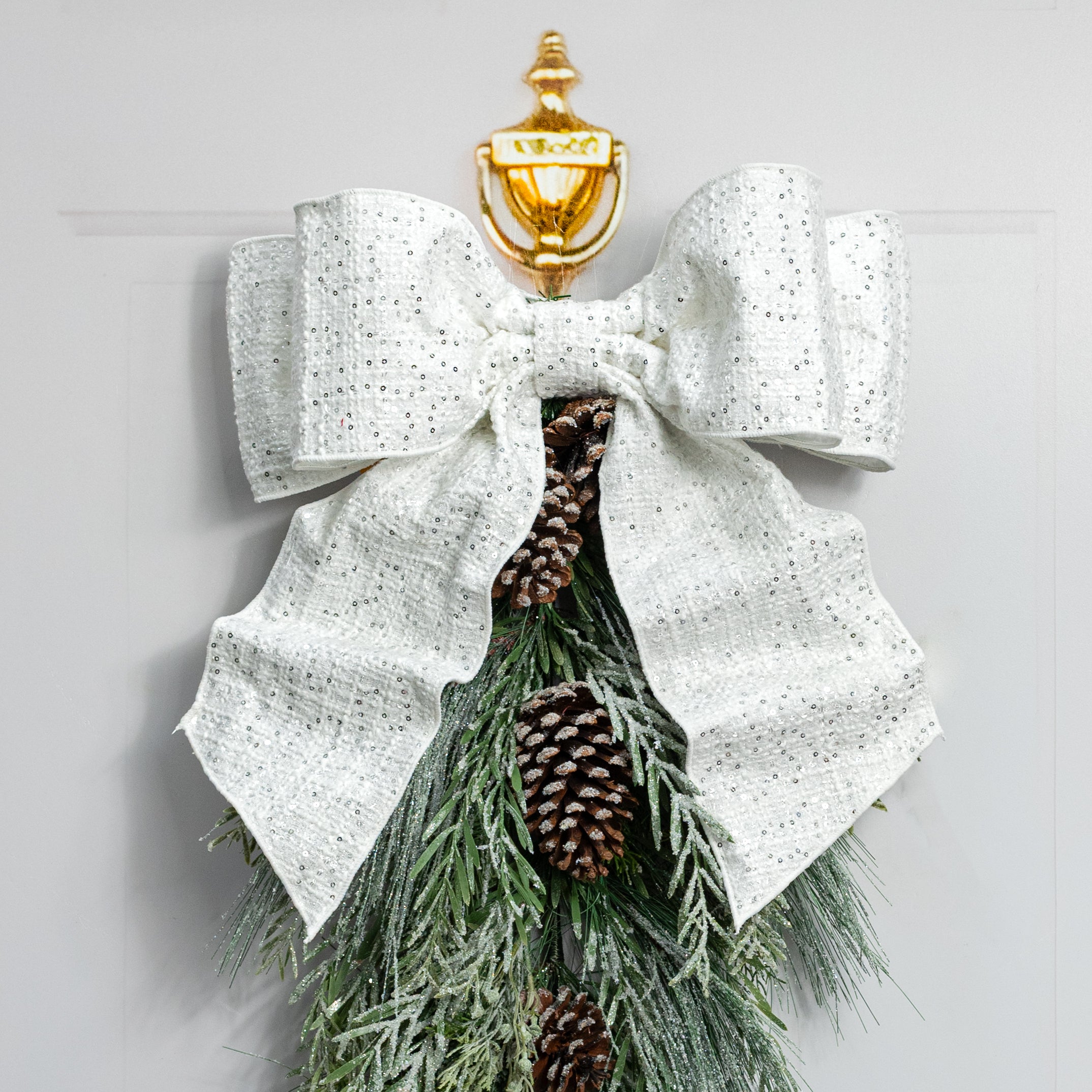 16" Sequined Fabric Bow Decoration: White