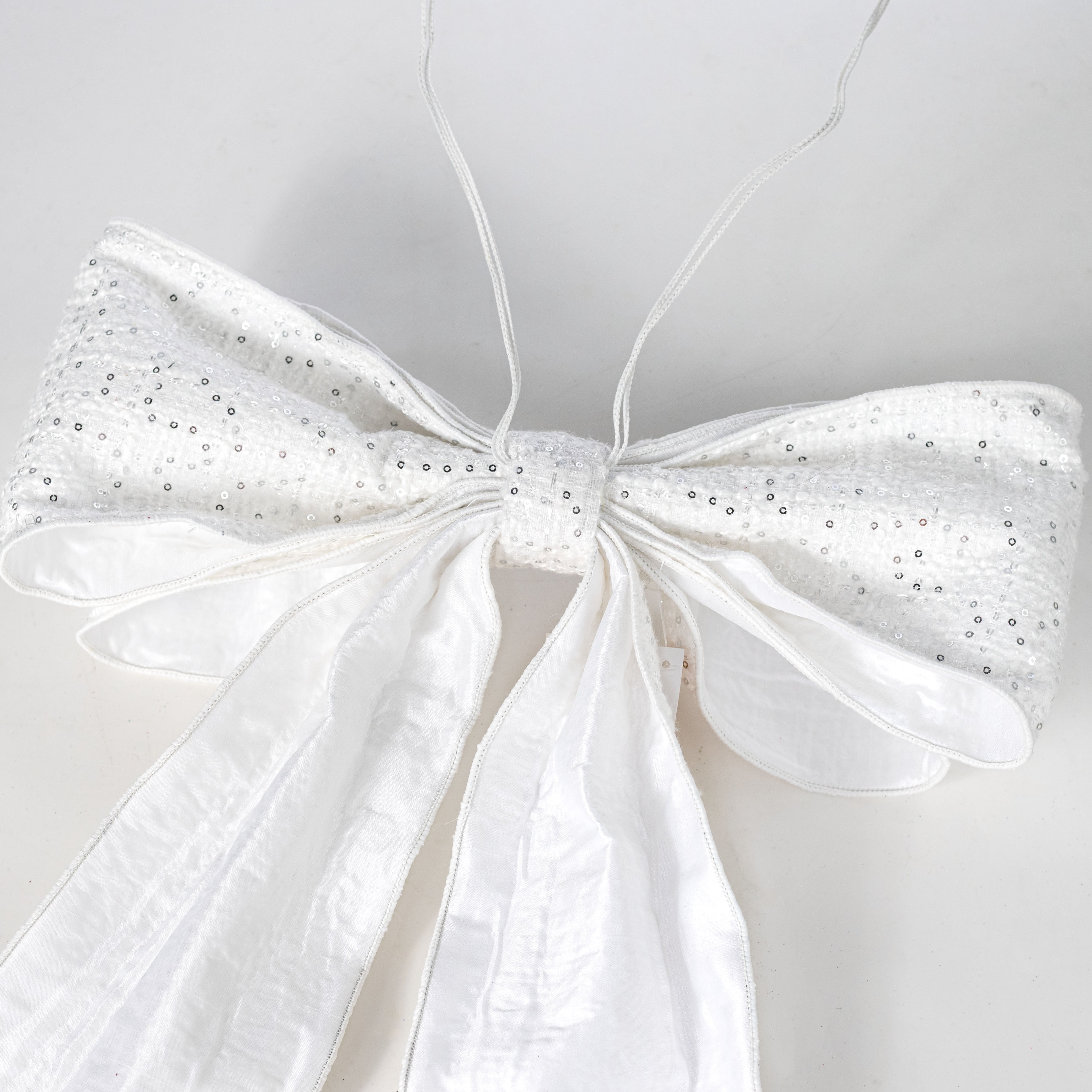 16" Sequined Fabric Bow Decoration: White