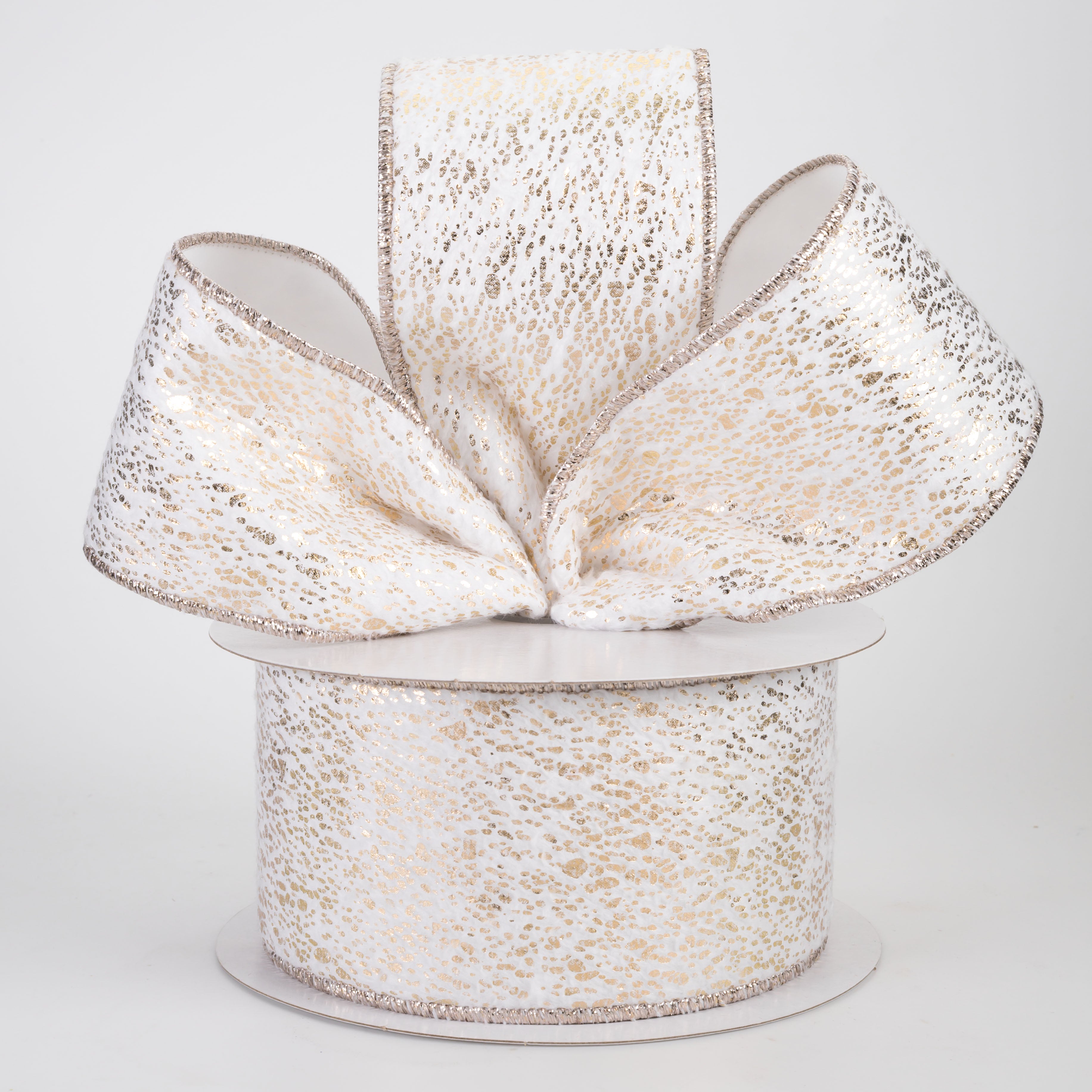 2.5" Metallic Mist on Short Fur Ribbon: Champagne on White (10 Yards)