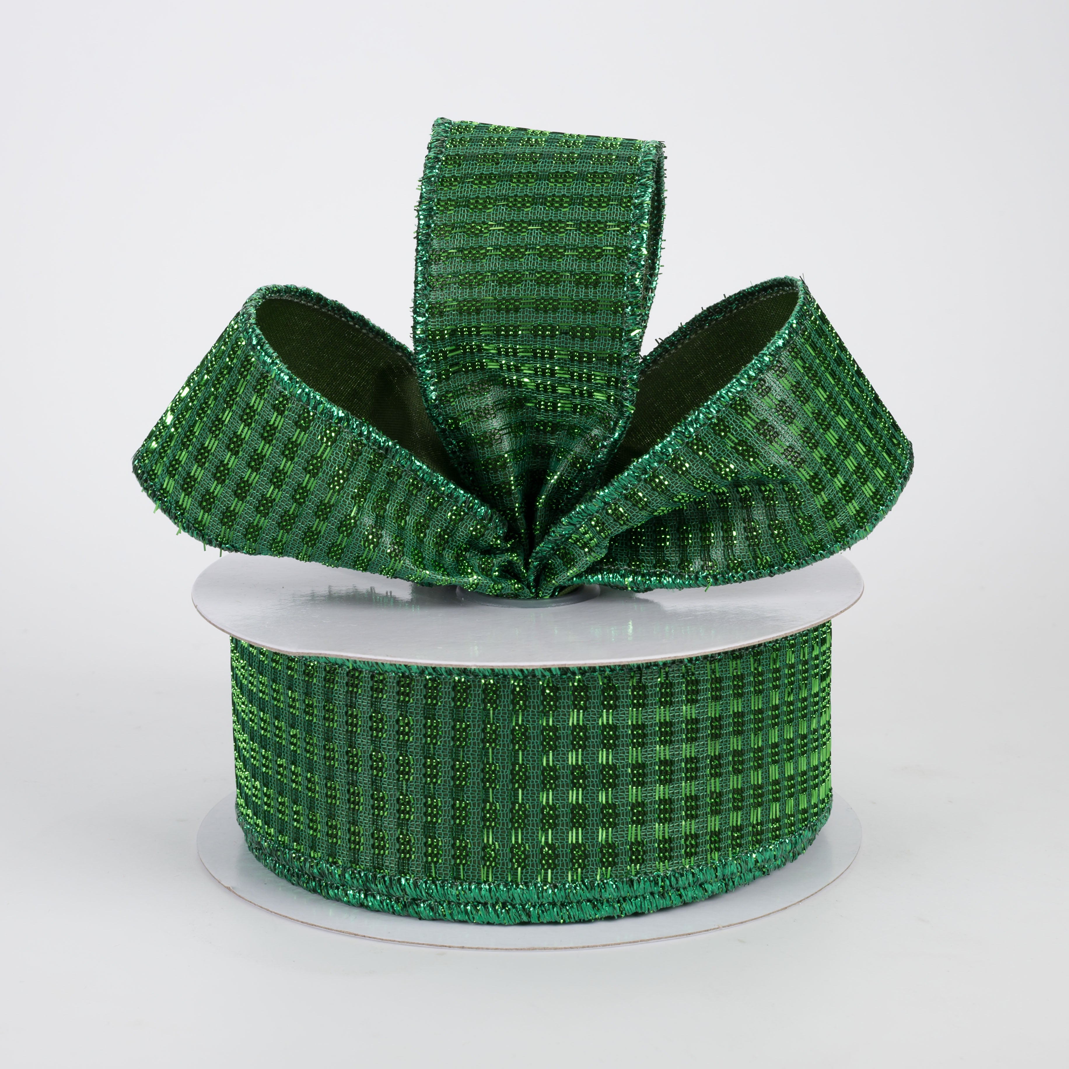 1.5" Metallic Rishi Woven Grid Ribbon: Emerald Green (10 Yards)