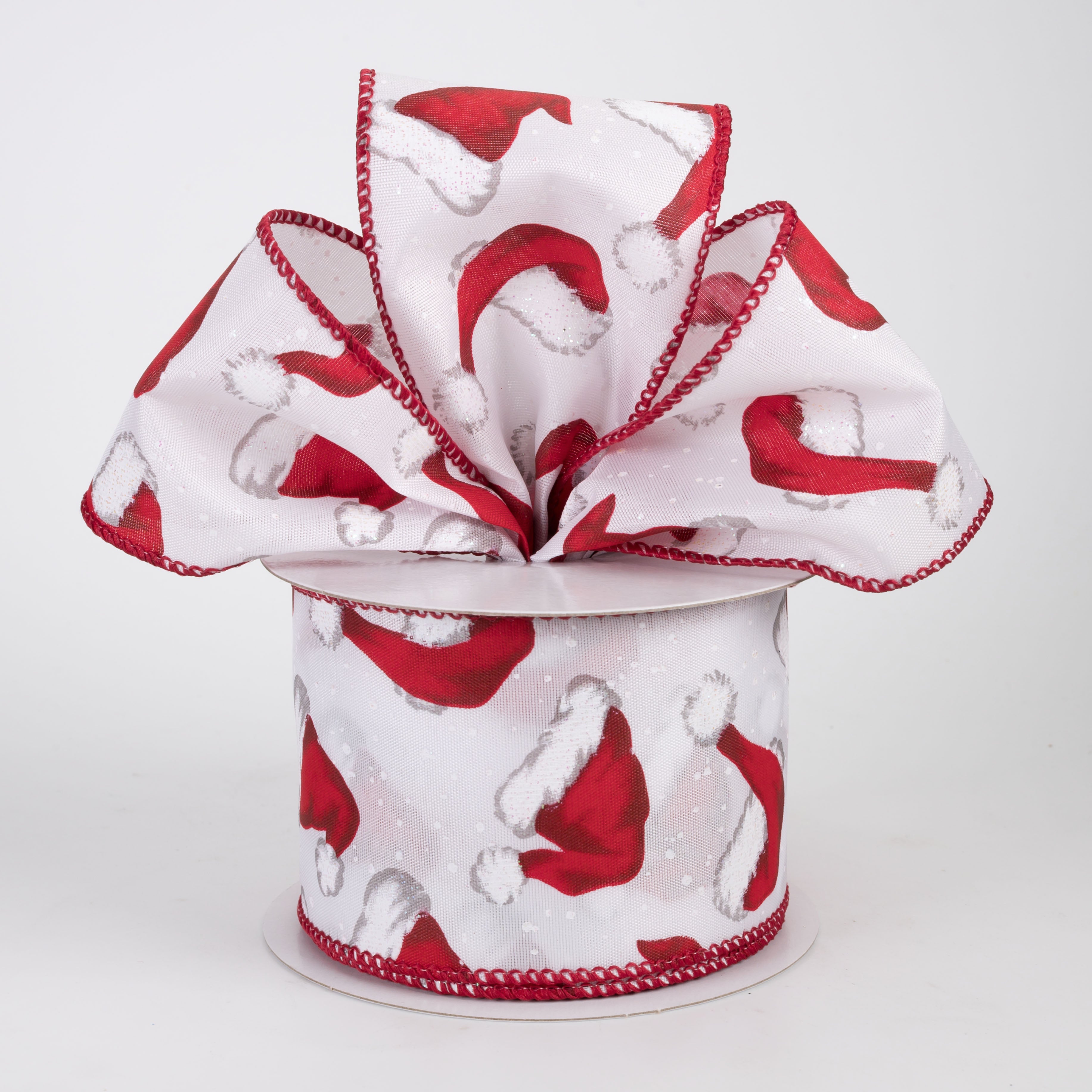 2.5" Santa Hats in Snow Satin Ribbon: White & Red (10 Yards)