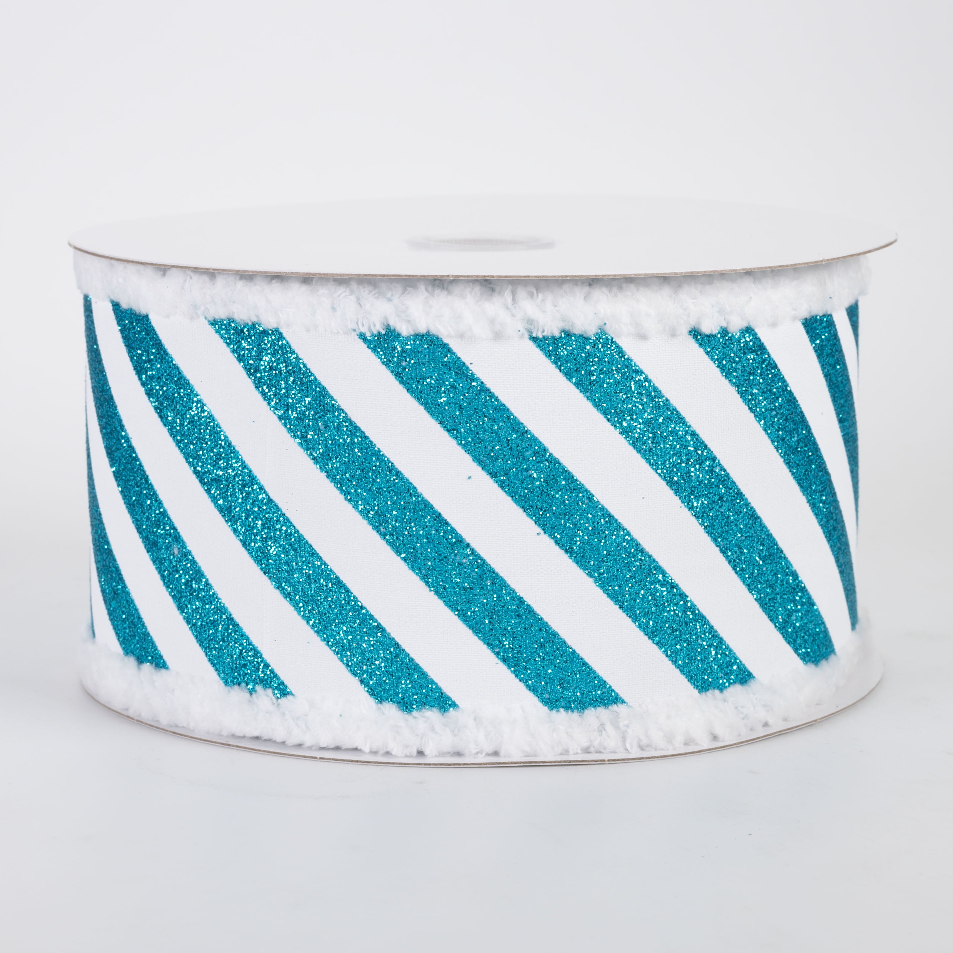 2.5" All Flat Glitter Candy Cane Stripe Snow Edge Ribbon: Turquoise & White (10 Yards)