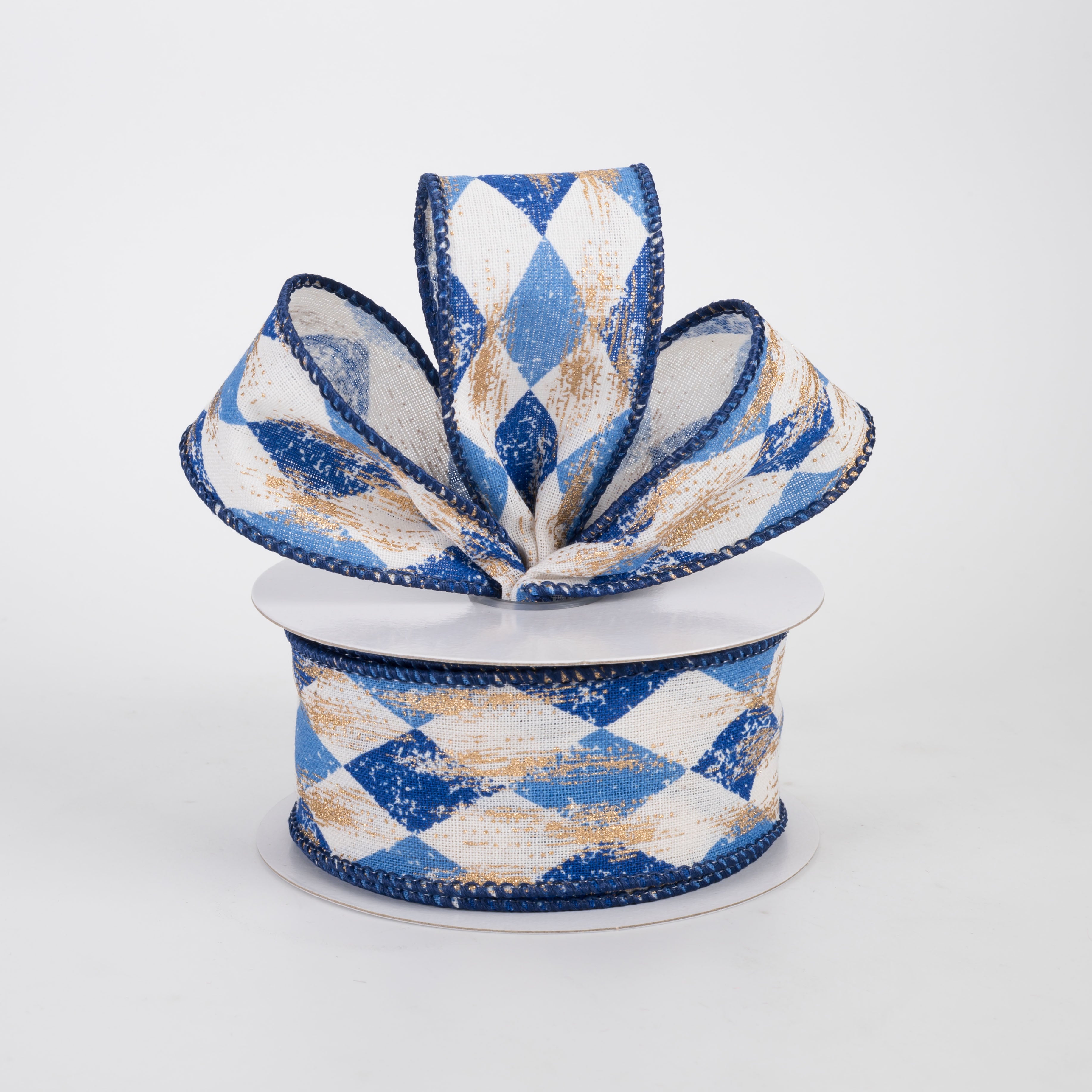 1.5" Canvas Harlequin Gold Painted Ribbon: Cream, Blue & Navy (10 Yards)