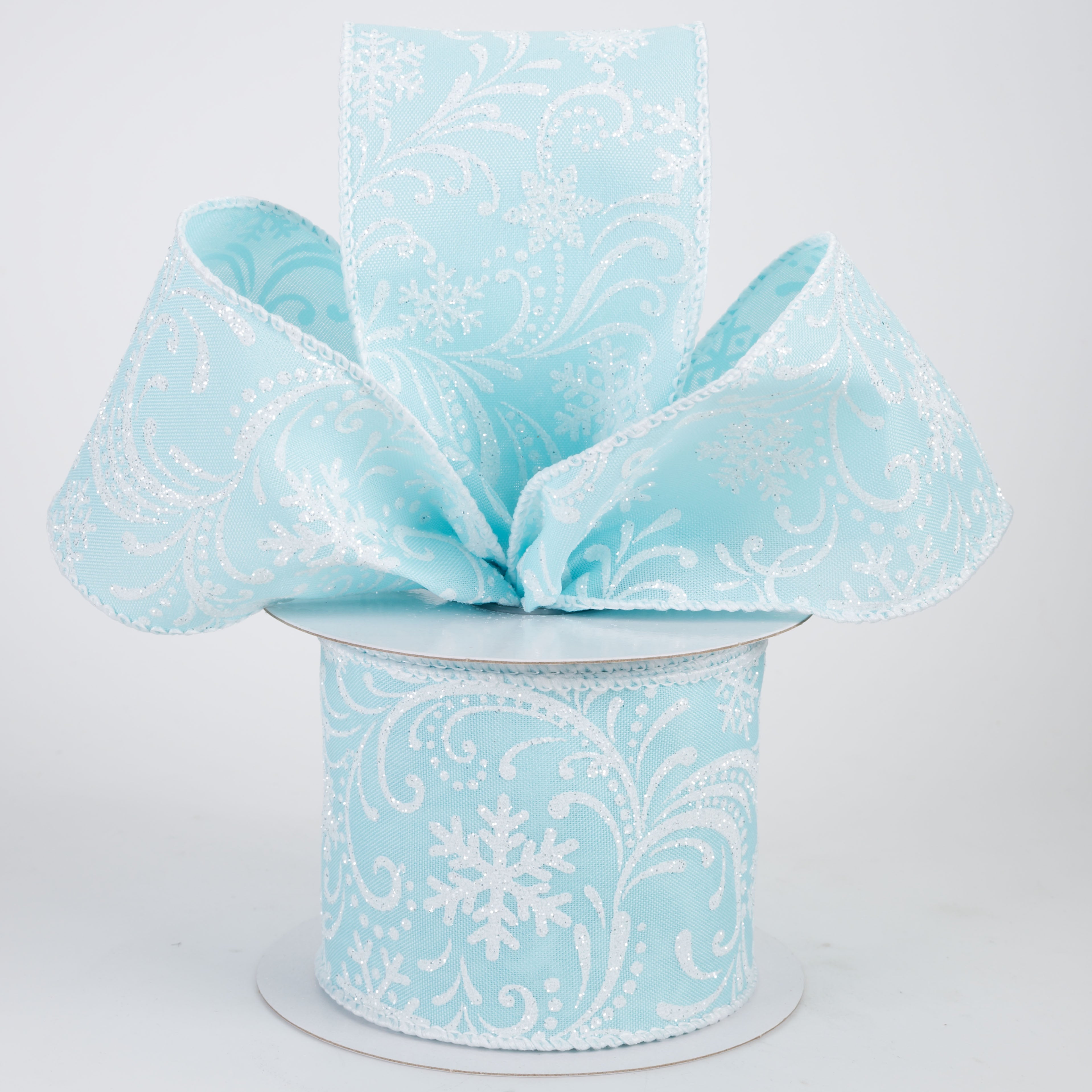 2.5" Glittered Satin Snow Flurry Ribbon: Blue & White (10 Yards)