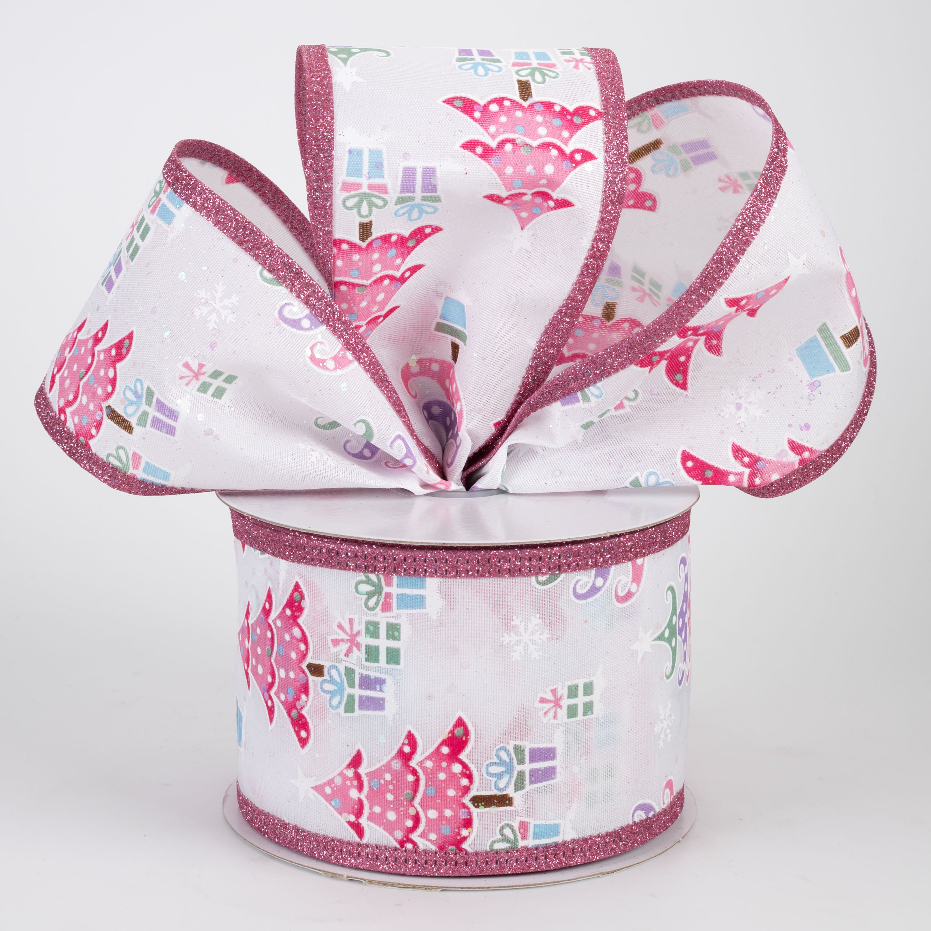 2.5" Cotton Candy Christmas Trees Glitter Edge Ribbon: Pink (10 Yards)