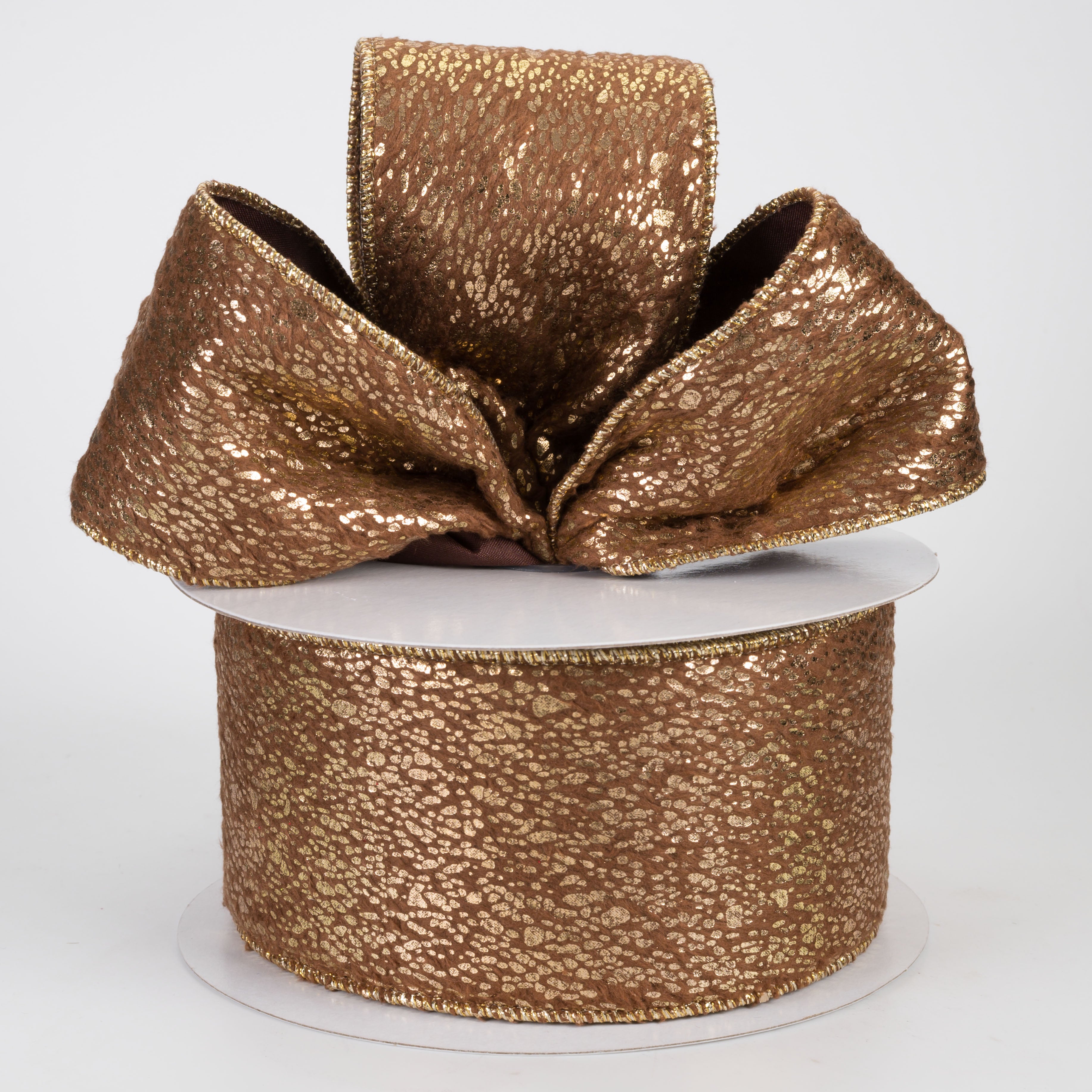 2.5" Metallic Mist on Short Fur Ribbon: Gold on Brown (10 Yards)