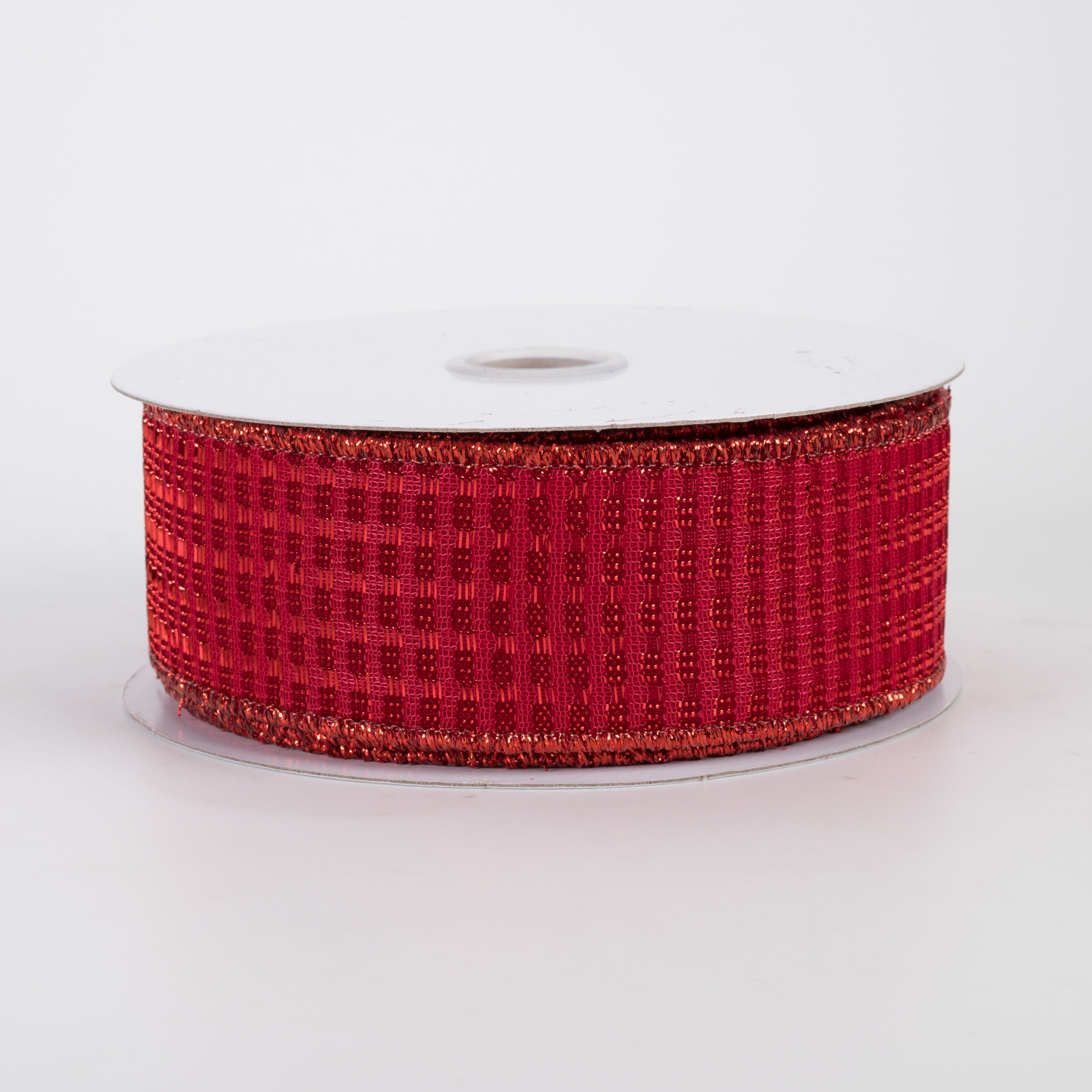 1.5" Metallic Rishi Woven Grid Ribbon: Red (10 Yards)